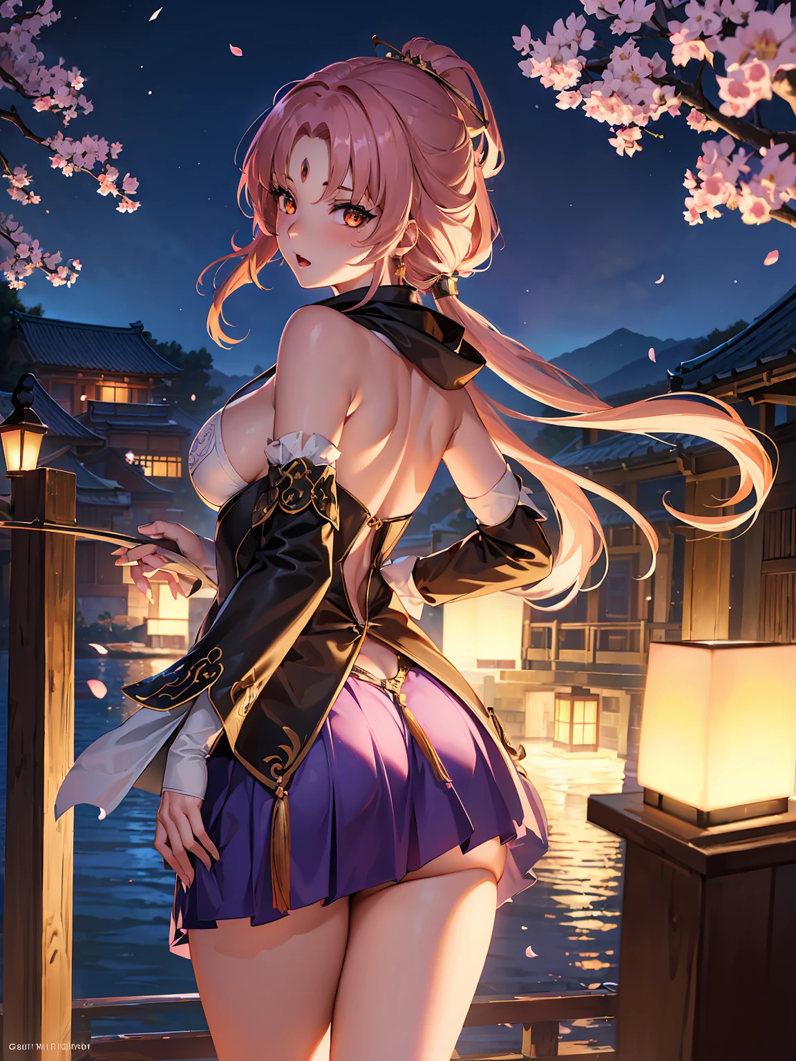 ((highly detailed)), honkai star rail, fu xuan, perfect human hands, (great breast:1.1),masterpiece, best quality, ultra-detailed, glistening shiny, glowing light, ray tracing, HDR, deph of field, (perfect face, detailed face, detailed eyes,perfect hands,perfect fingeredium boobs:1.2),8k,HD,ultra realistic face,ray tracing,perfect lighting,best quality, ultra-detailed, shiny eyes, (looking at viewer,open mouth smile:1.1), ((1girl:1.2)), (mature female:1.4),cowboy shot,thicc,(ass, from behind, ass focus,bent foward),(twintails),streaked_hair,((orange gradient hair)),multicolored eyes, gradient eyes, (glowing eyes:1.5), mascara, (fashion make up), parted lips,blush,school uniform, skirt, coat, beret, scarf, skirt lift by wind,panties,cameltoe,all fouriddle of japanese countryside,japanese bridge,over the bridge,river,cherry trees,cherry petals,dark blue sky)),((super detailed background)), dynamic poses, ((8k wallpaper))