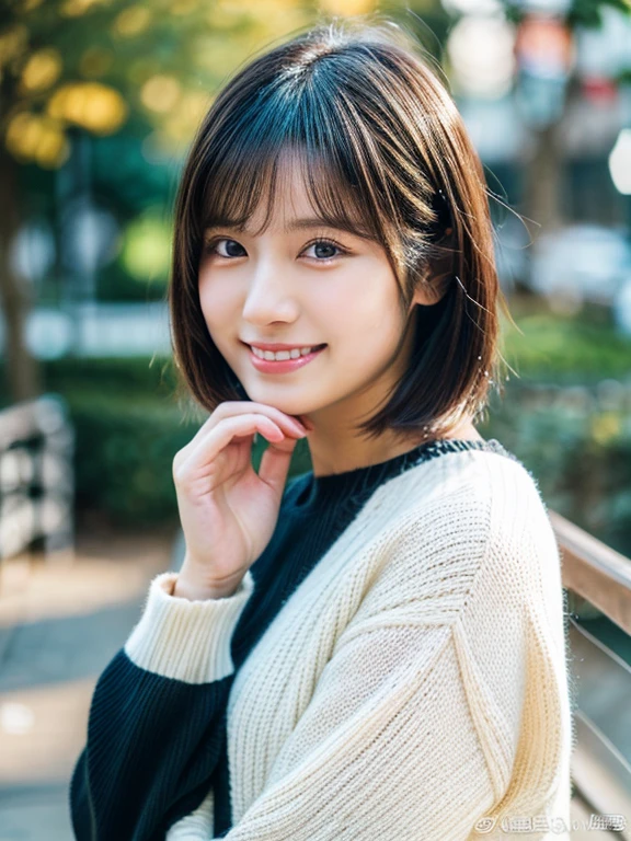 (8k, RAW photo, best quality, masterpiece, ultra detailed:1.2),(realistic, photo-realistic:1.4), upper body shot, (extremely cute Japanese actress:1.2), 25 years old, (detailed skin, detailed face: 1.2), detailed hands, sharp focus, SIGMA 85mm f/1.4., depth of field, blur background, bokeh, soft light, pale skin, brown eyes, naughty smile, looking at viewer, short straight black hair, white sweater, random pose, cafe, winter