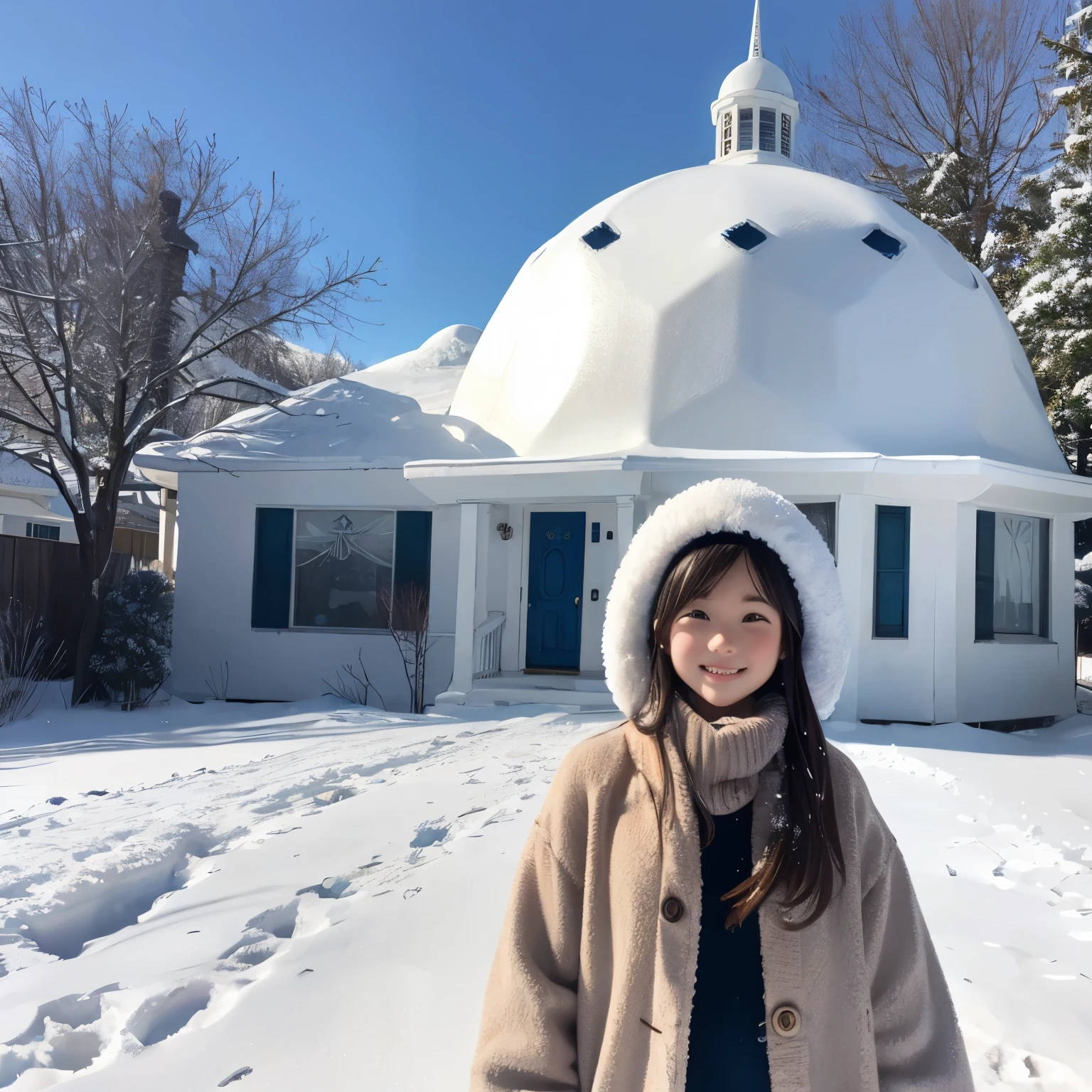 Girl posing in front of a snowy dome house