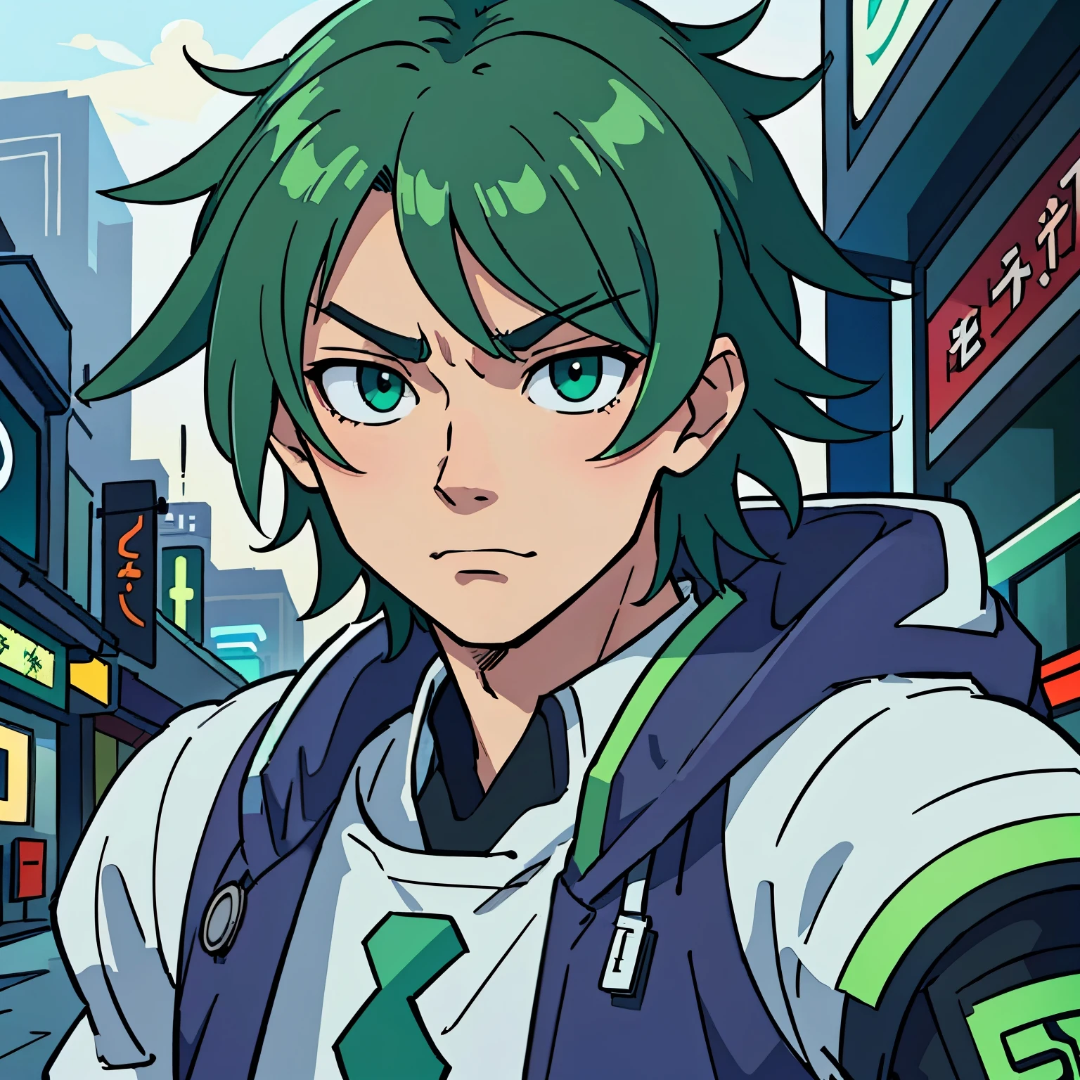 (best qualtiy:0.8),(best qualtiy:0.8),Perfect anime illustration,Extreme close-up portrait of a handsome man walking through the city,Raiden general,green colored hair,green eye, short hair
