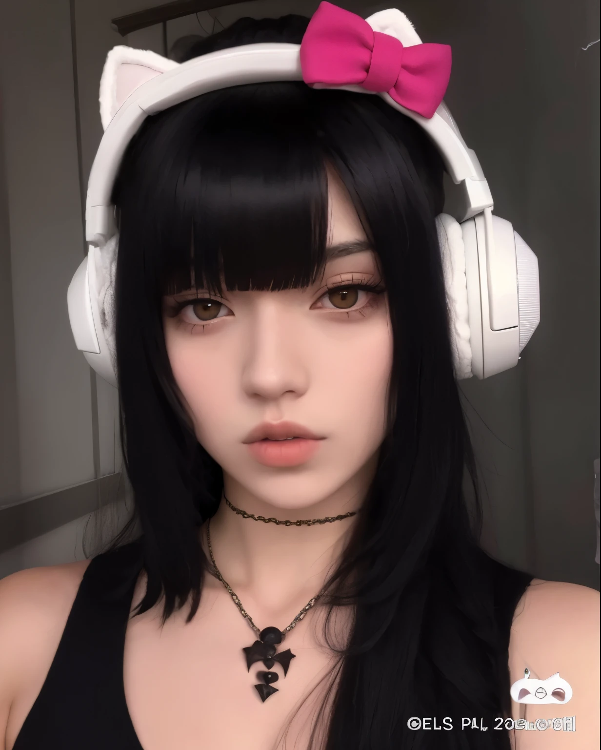 un primer plano de una persona con auriculares y un collar, Chica con orejas de gato, pelo negro orejas de gato negro, Hermosa Delphine, Usar auriculares para la oreja de gato, cruel korean goth girl, Ella tiene el pelo negro con flequillo, cabello negro y flequillo blanco, Chica de anime en la vida real, anime Chica con orejas de gato, 1 7 - year - old anime goth girl