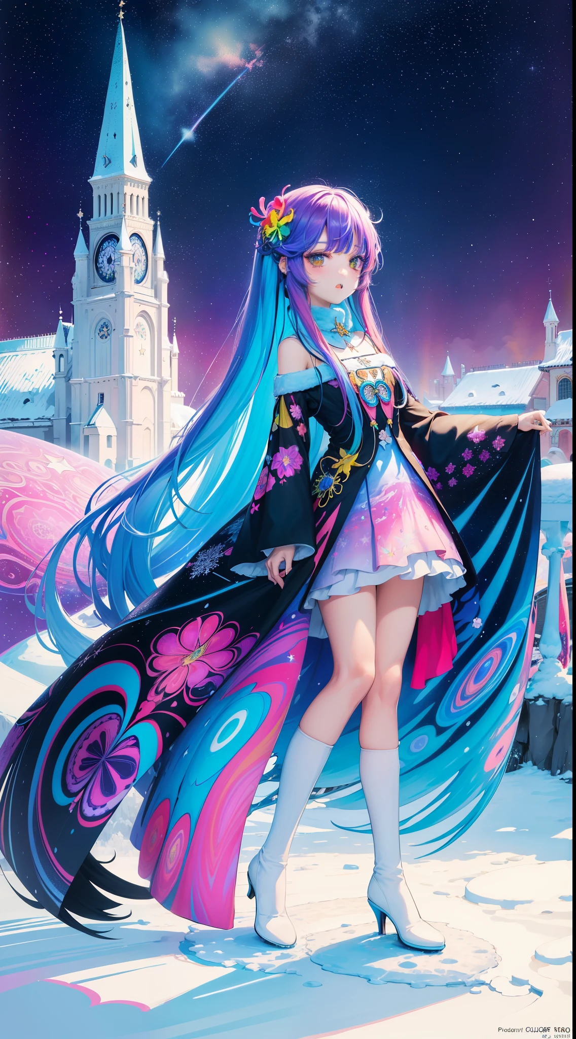 (flat-colors:1.4)、(colourfull:1.8)、(masuter piece:1.2)、top-quality、masterpiece、Original、highly detailed wallpaper、Melody Mark,top-quality、masutepiece、1womanl、独奏、(abstract art:1.4),(Psychedelia Theme:1.6),(Gunjo World:1.5),(Snow World:1.5),(Winter World:1.5),(At the center of the world is the most beautiful woman in the world),(many stars are falling:1.3),A ray of light spreads,Crystals spreading from the center,prisma(Nostalgic landscapes:1.5),(colorful flower:1.3),Garden Girl,gentle sunlight,Soft breeze,Delicate flowers,A rainbow-colored butterfly flaps its wings,Mesmerizing natural beauty,Fragments of Shining Stars, krystal,