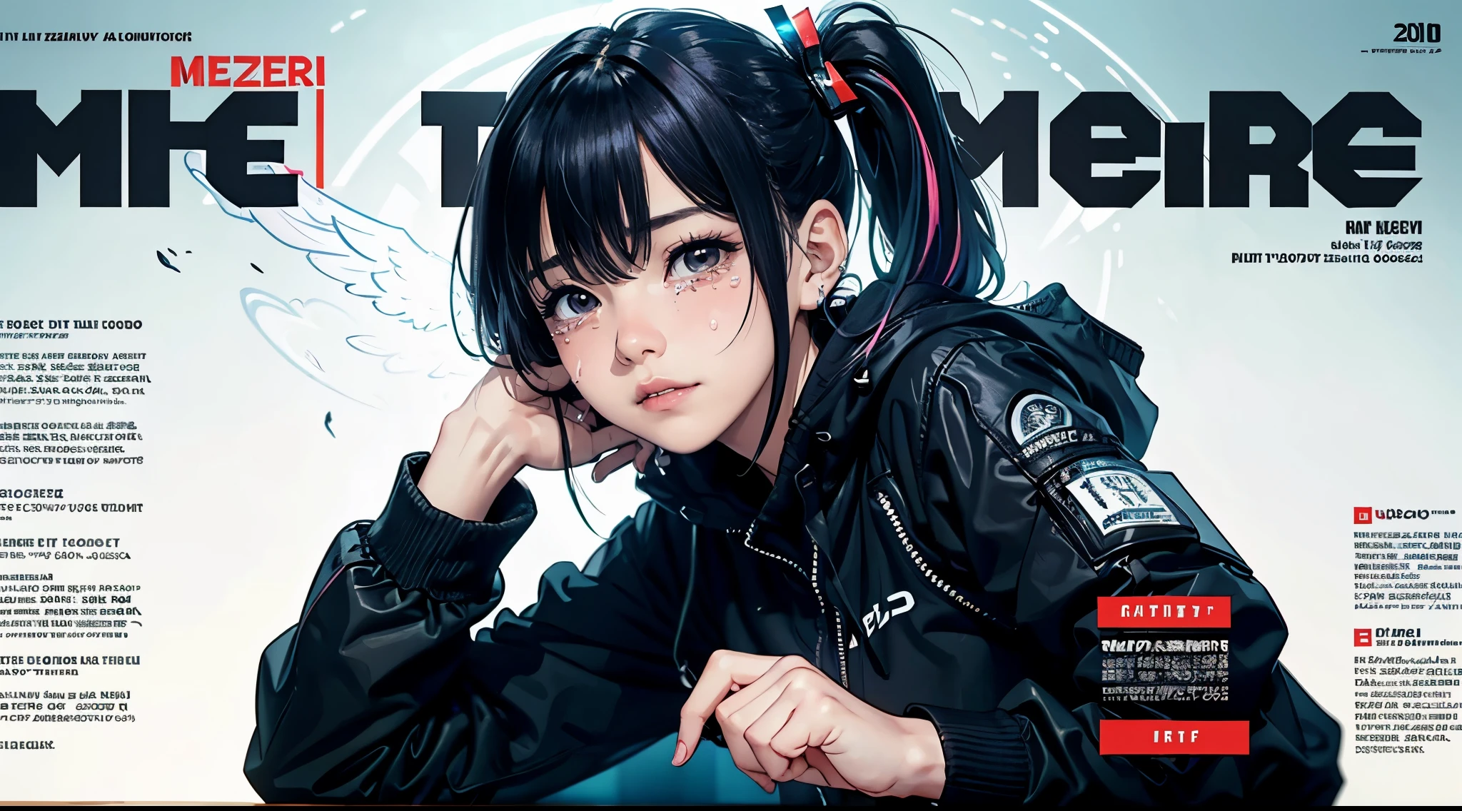 hair bobbles, wince, long eyelashes, solid circle eyes, light smile, ear blush, fang, (rainbow hair), makeup, blush, sad, sad smile, drop shadow, anaglyph, atmospheric perspective, 8k, super detail, accurate, best quality, (cyberpunk), cinematic lighting, masterpiece,1girll, short twintails, Colorful hair, flying, pink bows,((16-year-old female model)),( Stand Neck long sleeve black jacket), mecha, ((dress)), (aquarium), (angel halo), ( wings), (magazine cover), the background is sunrise with planets and shooting stars, aurora, beautiful sky, space view, (wide shot), ((((text)))), (cover), bold, attention-grabbing, ((title)), stylish, (((font))), panorama, eye level shot, tile from below, title from side, title in middle, (((((magazine layout)))))