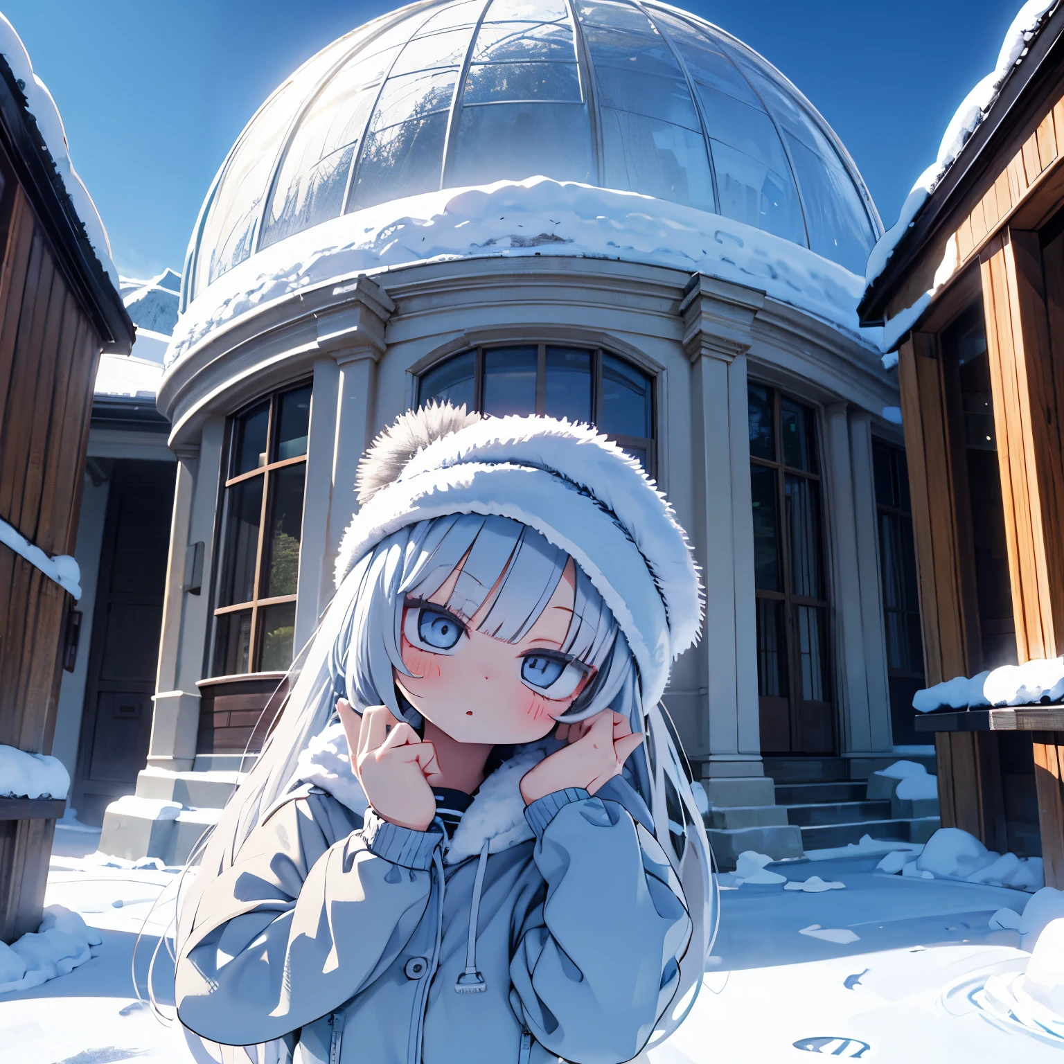Girl posing in front of a snowy dome house