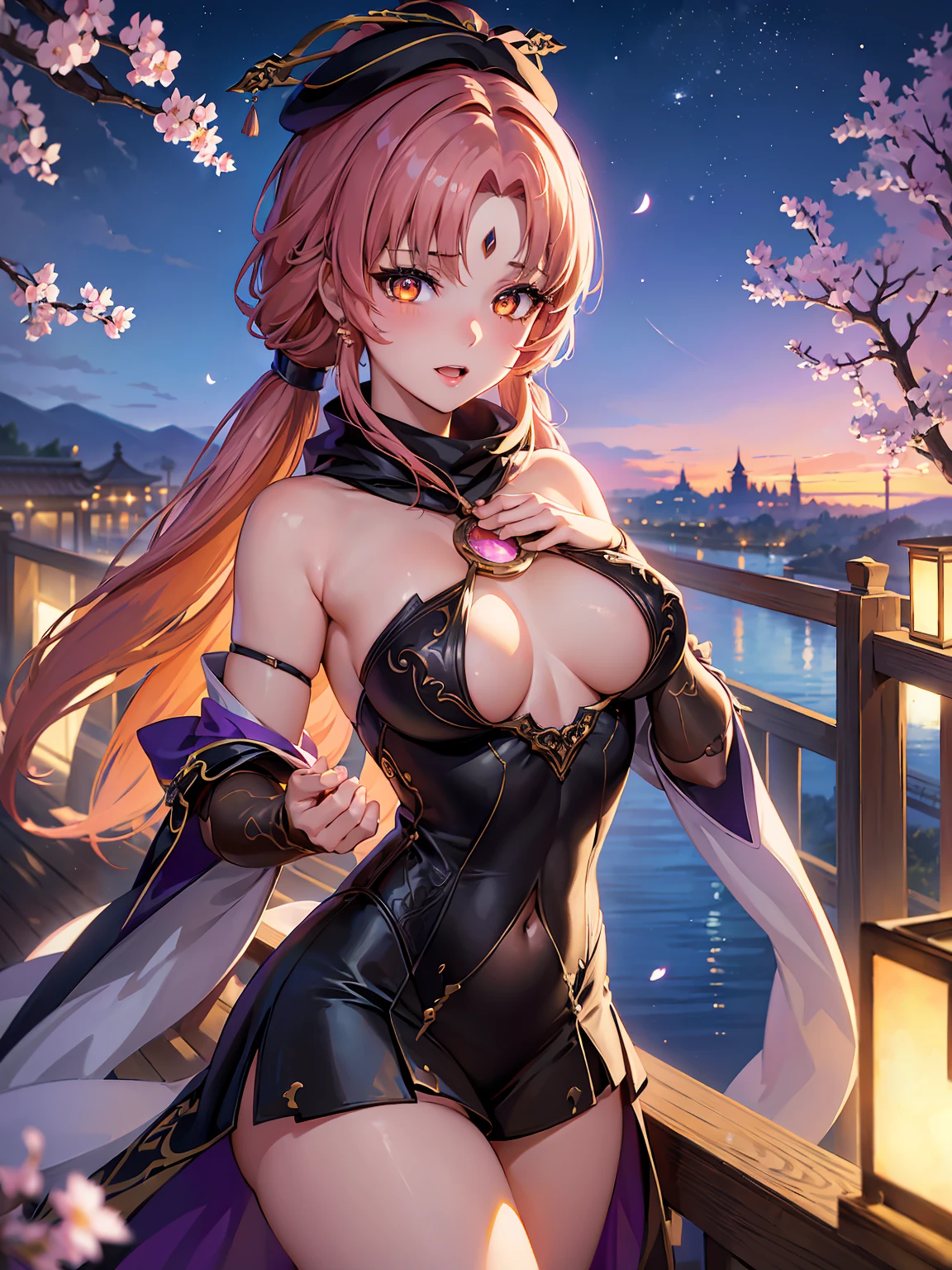 ((highly detailed)), honkai star rail, fu xuan, perfect human hands, (great breast:1.1),masterpiece, best quality, ultra-detailed, glistening shiny, glowing light, ray tracing, HDR, deph of field, (perfect face, detailed face, detailed eyes,perfect hands,perfect fingeredium boobs:1.2),8k,HD,ultra realistic face,ray tracing,perfect lighting,best quality, ultra-detailed, shiny eyes, (looking at viewer,open mouth smile:1.1), ((1girl:1.2)), (mature female:1.4),cowboy shot,thicc,(twintails),streaked_hair,((orange gradient hair)),multicolored eyes, gradient eyes, (glowing eyes:1.5), mascara, (fashion make up), parted lips,blush,school uniform, skirt, coat, beret, scarf, skirt lift by wind,panties,cameltoe,all fouriddle of japanese countryside,japanese bridge,over the bridge,river,cherry trees,cherry petals,dark blue sky)),((super detailed background)), dynamic poses, ((8k wallpaper))