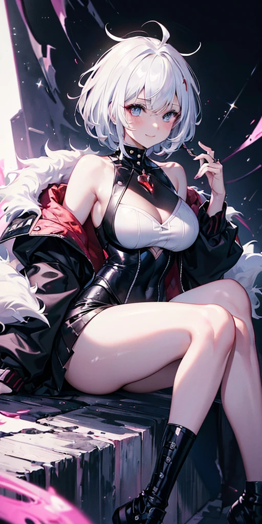 (4k, ultra high resolution, Prominence in Masterpiece, High Quality, Best Quality: 1.2) full body, 1child female, solo, 1girl, 1woman, lustful smirking smile blush, looking at viewer, sitting, white hair, short hair, oni hornols look)), (black jacket), beautiful and detailed face, detailed eyes, looking at the viewer, (grey theme), close jacket, (spiky hair), (thick hair), (aesthetic clothings)