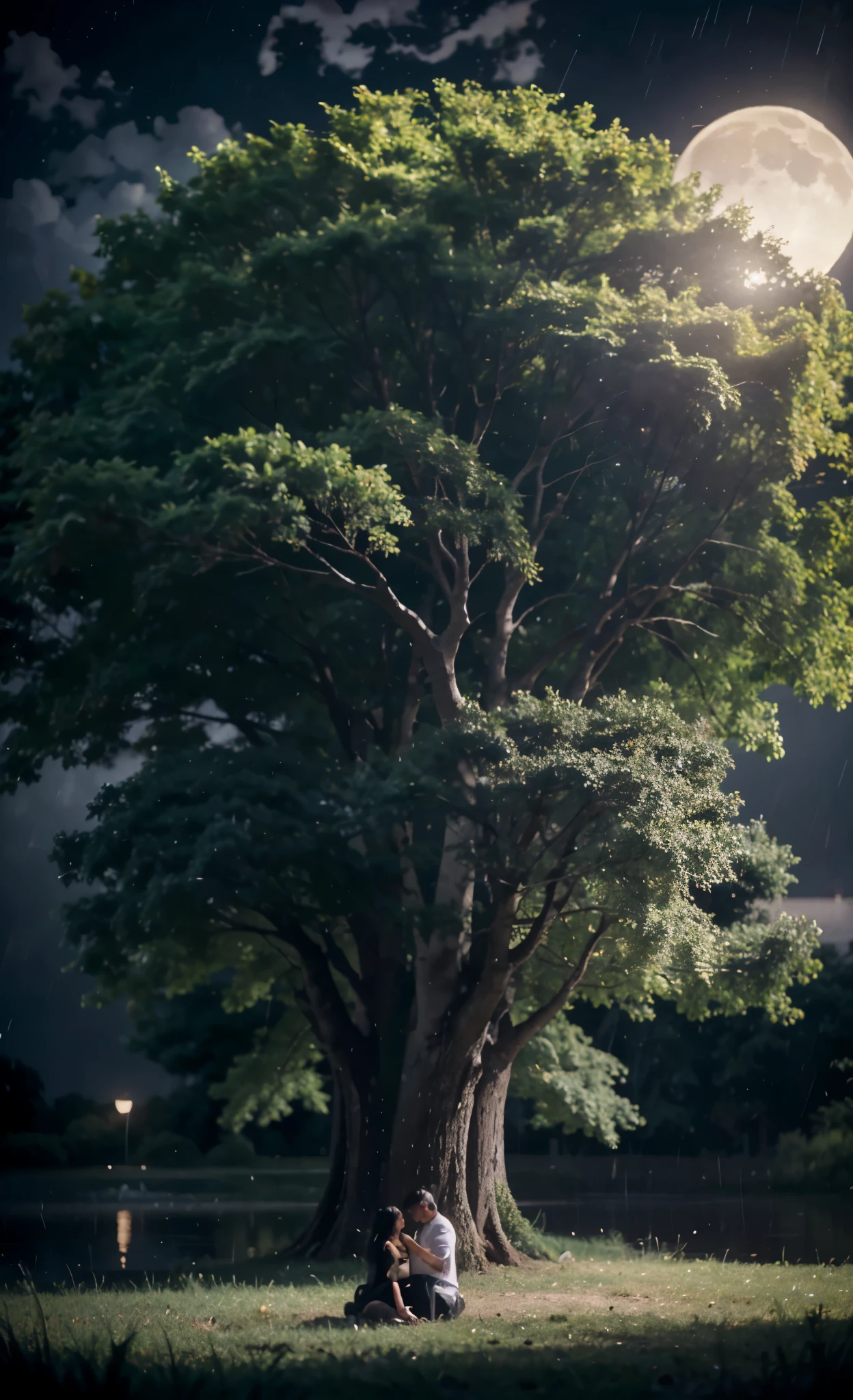 A deep night with a lot of rain lit by the moon and very dark rays with a couple sitting on the ground in black under the tree woman with black hair very well combed and with details in 4K full HD without light