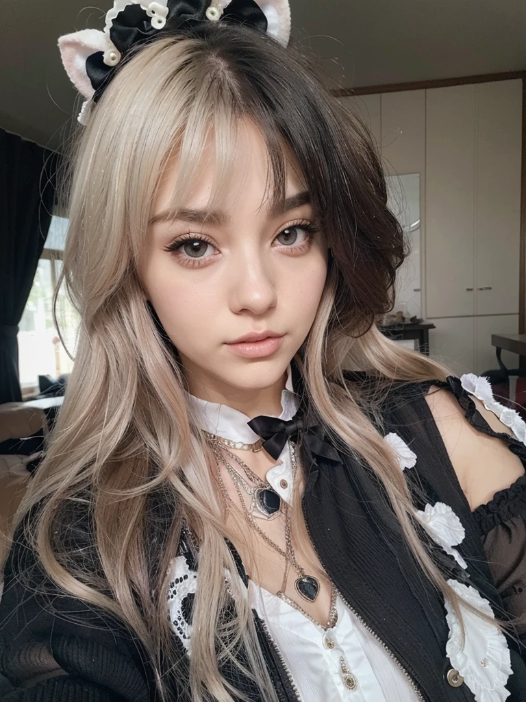 Imagen arafed de una mujer con cabello largo vestida con un traje blanco y negro., Dulce conejita ultrarrealista, Inspirado en el anime, Retrato realista kawaii, Chica anime , muy hermosa linda catgirl, Chica Cabello Plateado, Sakimichan, Linda cara de anime natural, Linda chica kawaii, 1 7 - year - old anime goth girl, chica de cabello plateado, pastel goth aesthetic
