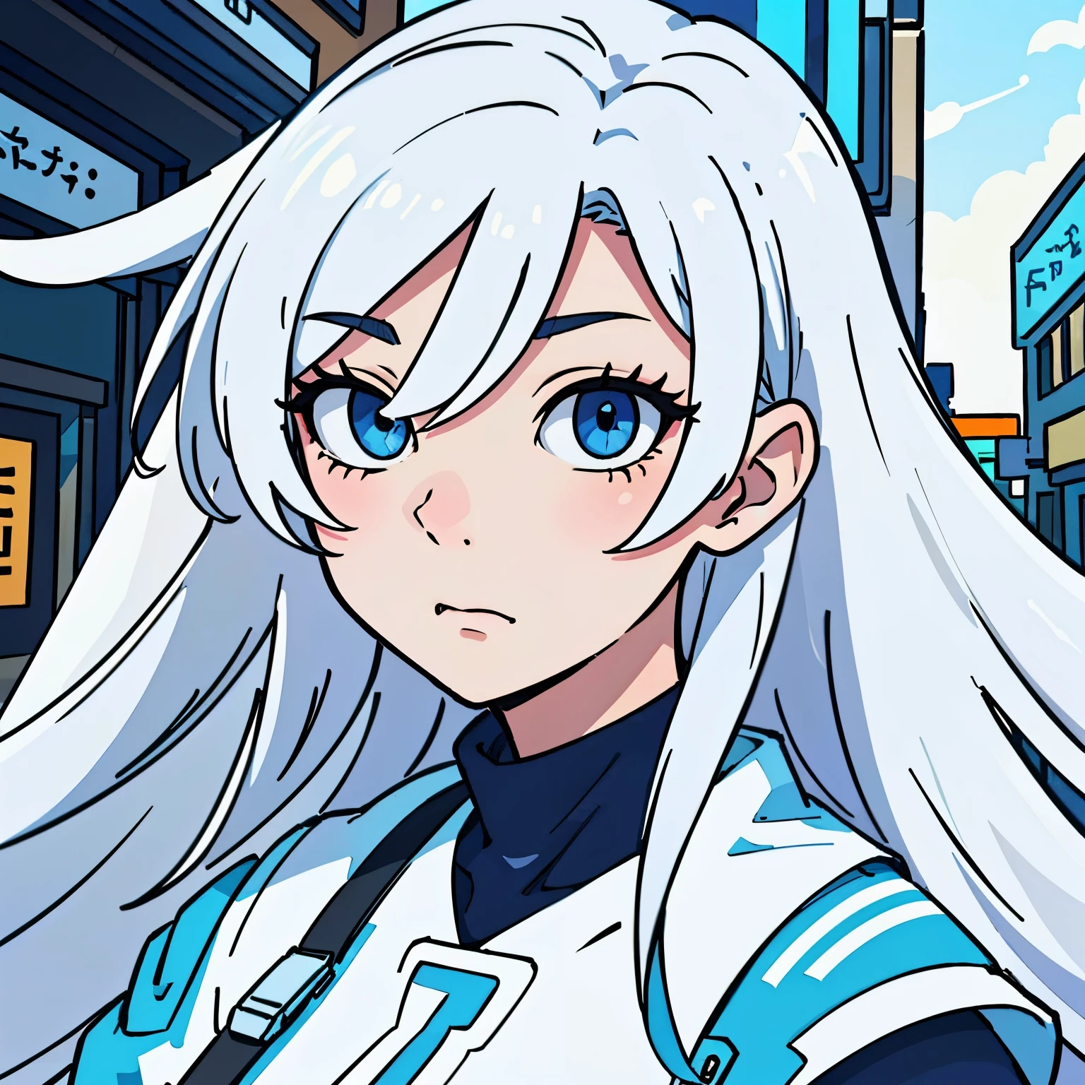 （best qualtiy：0.8），（best qualtiy：0.8），Perfect anime illustration，Extreme close-up portrait of a beautiful woman walking through the city，white colored hair，blue eyes
