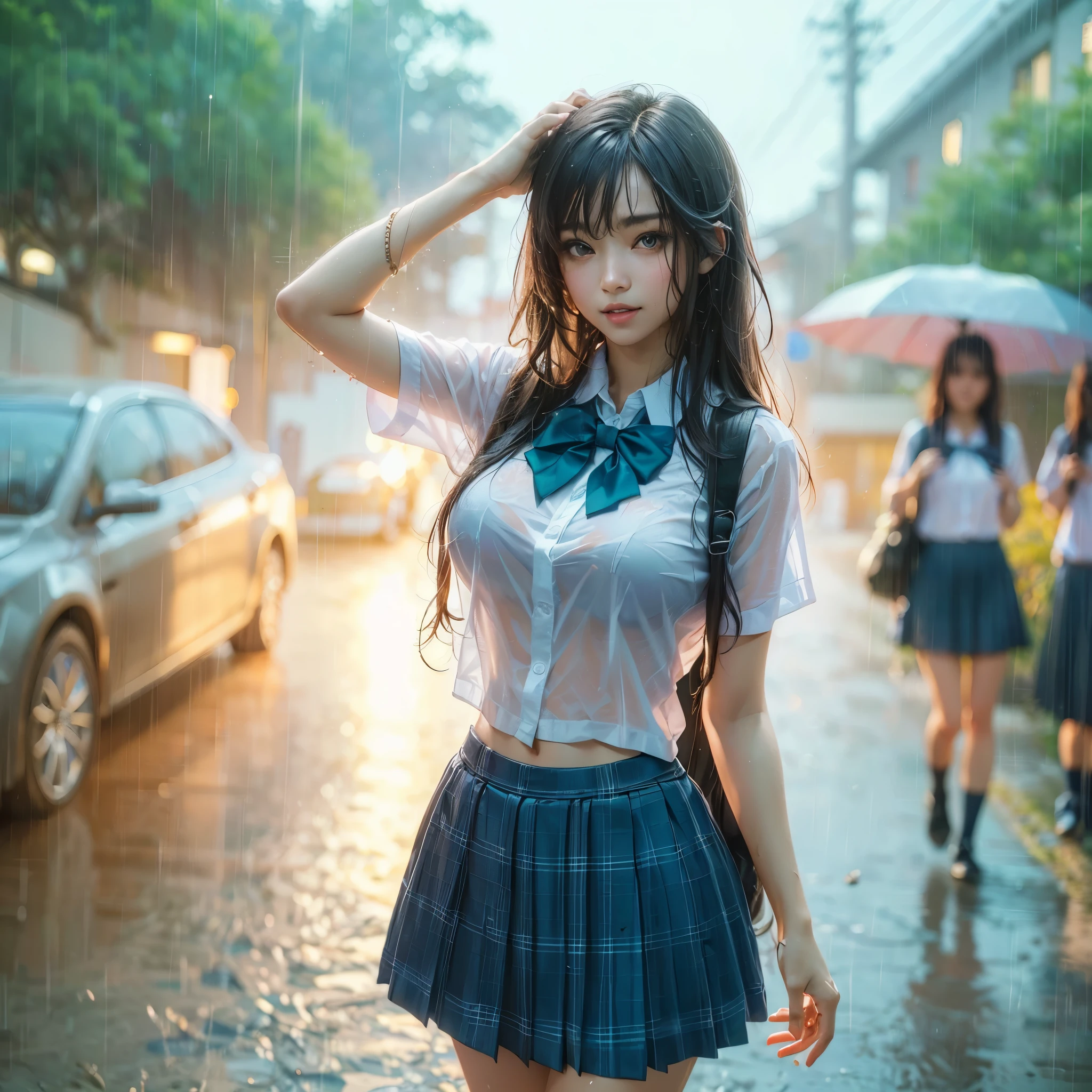 there is a woman with gigantic breast in a school uniform standing in the rain, wet shirt, can see bra behind shirt, pretty girl standing in the rain, after rain and no girls, raining, girl wearing uniform, in the rain, anime thai girl, raining award winning photo, school girl, just after rain, raining!, at evening during rain, wet from rain, rainy wet, raining portrait, beautiful and smiling, masterpiece, best quality:1.2),,(8k,highres,RAW photo,realistic,photo-realistic:1.3),(detailed skin texture,detailed cloth texture,beautiful detailed face:1.25),professional lighting,photon mapping,beautiful soft light,radiosity,physically-based rendering,raytracing, model shoot style, model shoot style, (extremely detailed CG unity 8k wallpaper), full shot body photo of the most beautiful artwork in the world,