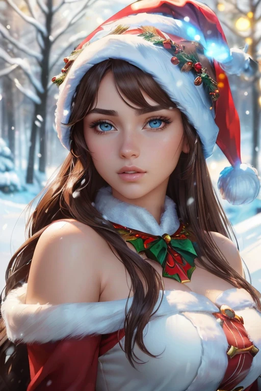 (Hermosa mujer)，Navidad，Un cabello oscuro，Bobsleigh medio，(Vestido con el traje de Santa Claus:1.4), More detailed 8K.motor irreal:1.4,UHD,La mejor calidad:1.4, fotorrealista:1.4, textura de la piel:1.4, obra maestra:1.8,obra-prima, mejor calidad,objeto Objeto], (detailed face features:1.3),(bosque congelado nieve:1.4),posing for camera:1.4), (manos Detallado:1.4),Minifalda roja :1.4), brown hair (((blue eyes))), ana de armas, ((long brown hair with blue eyes)), hair with many details, beautiful neckline, 8k artgerm bokeh, fanart best artstation, render photorealistic girl, art in the style of guweiz, inspired by WLOP, ig model | artgerm, deviantart artstation cgscosiety, Christmas background, looking at camera