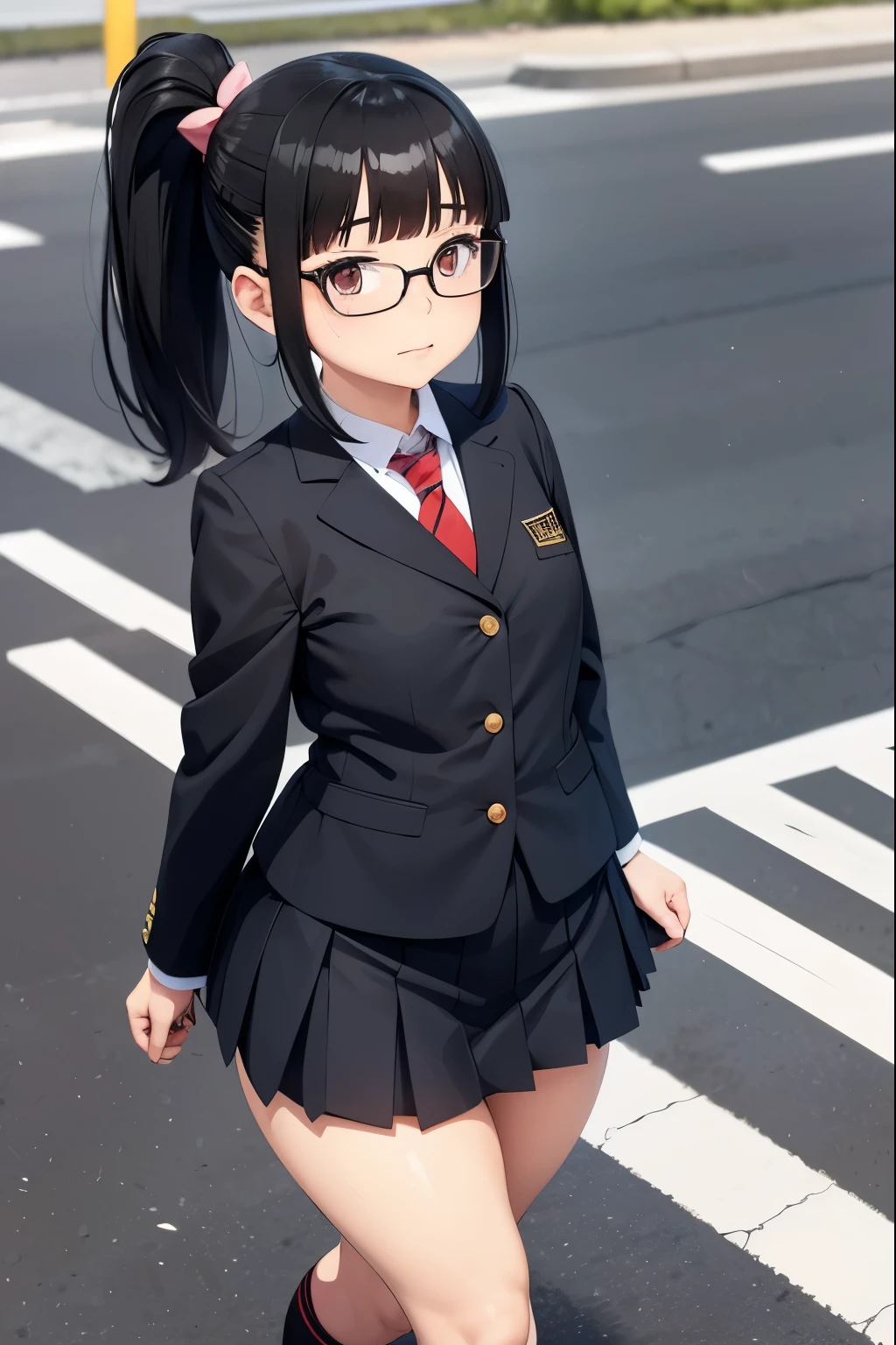 ****, very light skin, black hair, ponytail, bangs, glasses, student uniform, mini skirt, high socks, small breasts, thick thick legs, walking Tokyo street