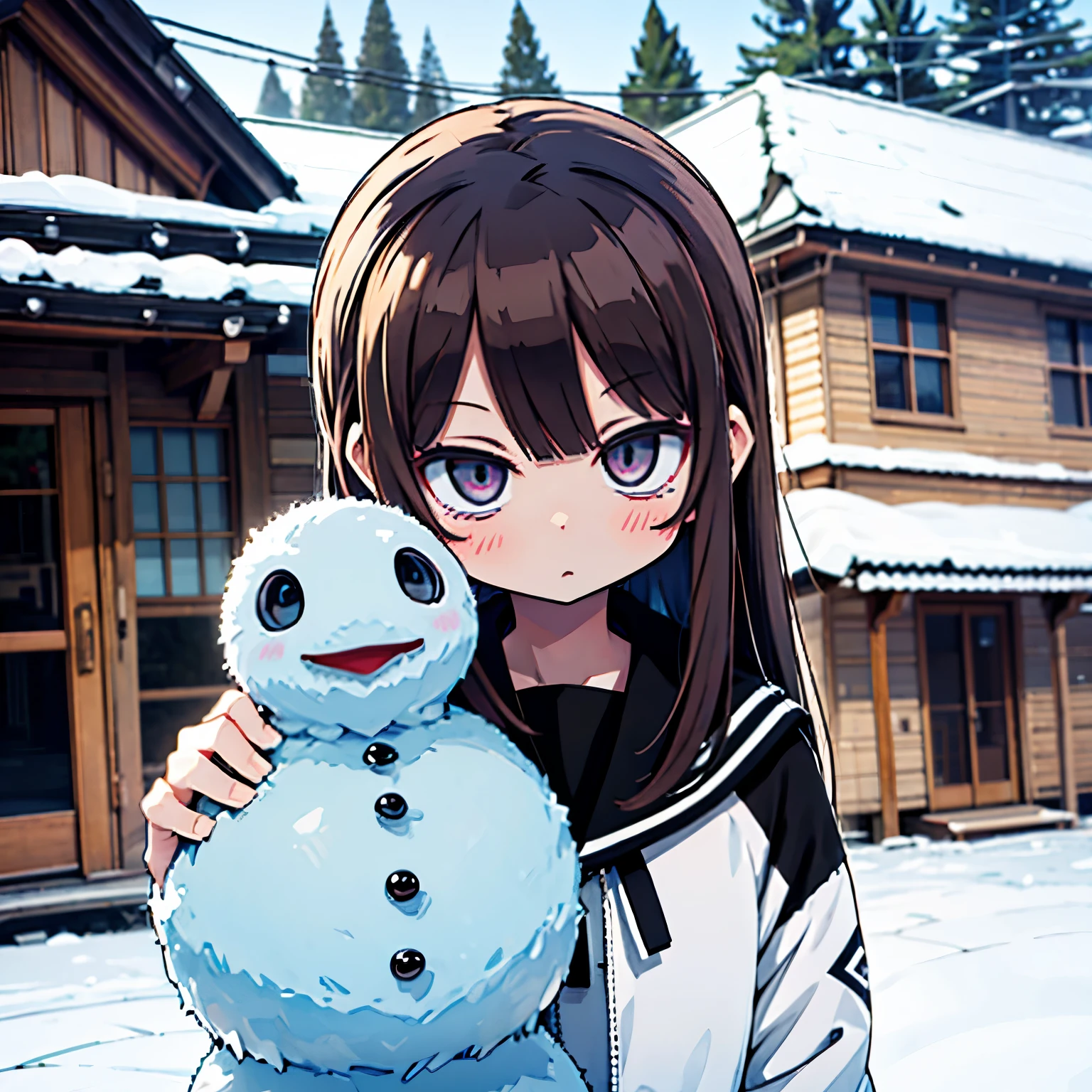 Girl posing in front of a snowy dome house、snowman