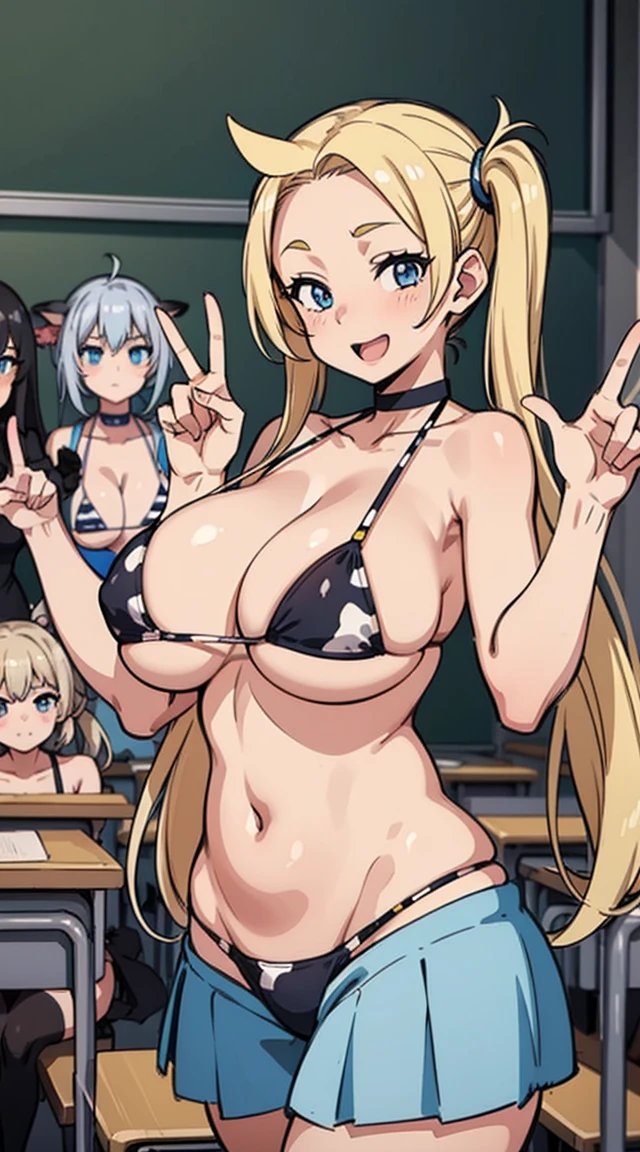 (tmasterpiece), Best quality at best, (Colorful:1.1), (5 girls, group picture:1.4), (slim:1.2), (巨bigger:1.4),(巨bigger:1.4), (bigger:1.4), (long:1.4),(big breasts drooping:1.4), (Dark skin:1.1), Blonde hair, silber hair, dual horsetail, pigtails, forehead, (Listless:1.4), (Open mouth happy smile:1.1), ( winking:1.2),peace signs, (stars and stripes bikini, Microbikini:1.1), cow boy shot, (Classroom:1.1),