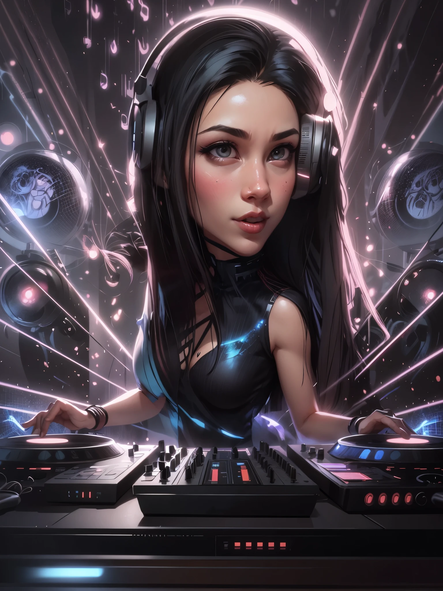 a cartoon girl dj playing music in a nightclub, beautiful black haired woman, Chest and Navel covered, background artwork, glowwave girl portrait, cartoon digital painting, fanart, stylized digital illustration, digital cartoon painting art, cartoon artstyle, cartoon digital art, jen bartel, digital art cartoon, alice x. zhang, dj sura, stylized digital art, official artwork, by Eddie Mendoza