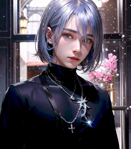 Cross Necklace、silber hair、Wear a blue aura、Good looking men、Look into the viewer's eyes、Please wear a blue aura。masutepiece、Best image、Deities々aura、masutepiece、Masterpiece