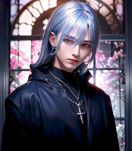 Cross Necklace、silber hair、Wear a blue aura、Good looking men、Look into the viewer's eyes、Please wear a blue aura。masutepiece、Best image、Deities々aura、masutepiece、Masterpiece