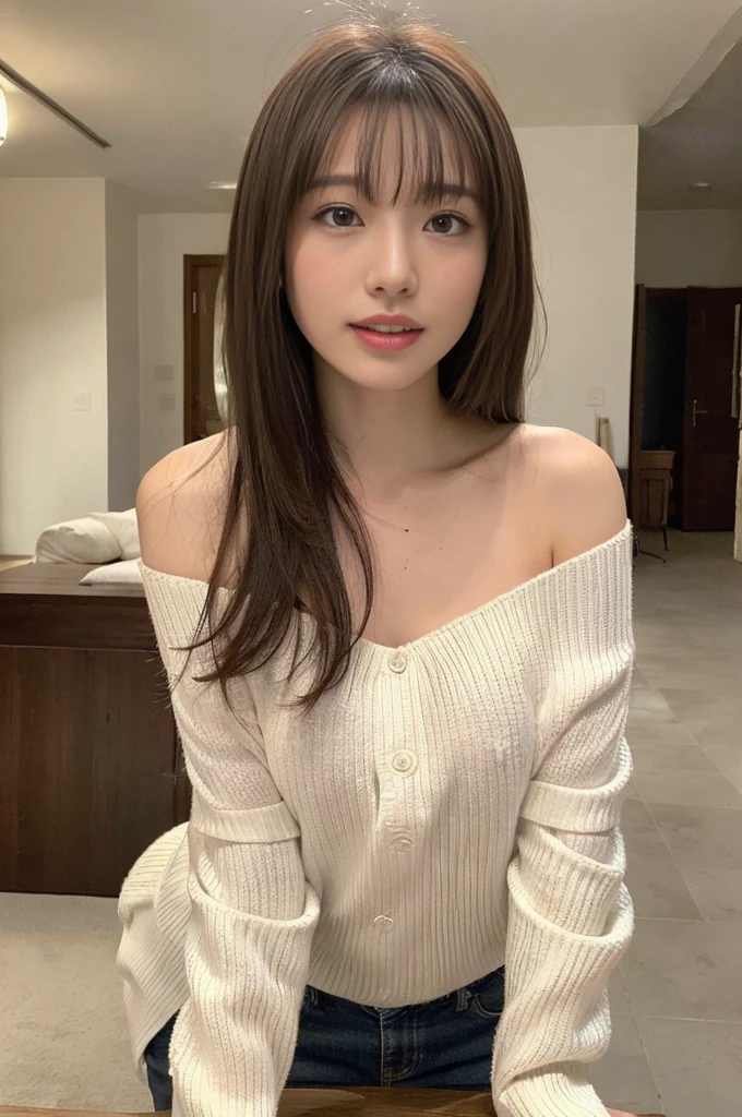 NSFW、(top-quality、8k、32k、​masterpiece、UHD:1.3)、18year old、a beauty girl、Glamorous Japan Woman Photography、one girls、Medium hair:(inside the house、natta:1.2)、hyperdetailed face、detailed lips、A detailed eye、二重まぶた、、huge-breasted、nipples protruding、((off shoulders、White knitwear、(Forward leaning position、bending forward、all-fours)、Kamimei))、loose-fitting clothes、You can see the valley、Clothes with a large open chest、big eye、Beautiful eyes、Small face、a smile