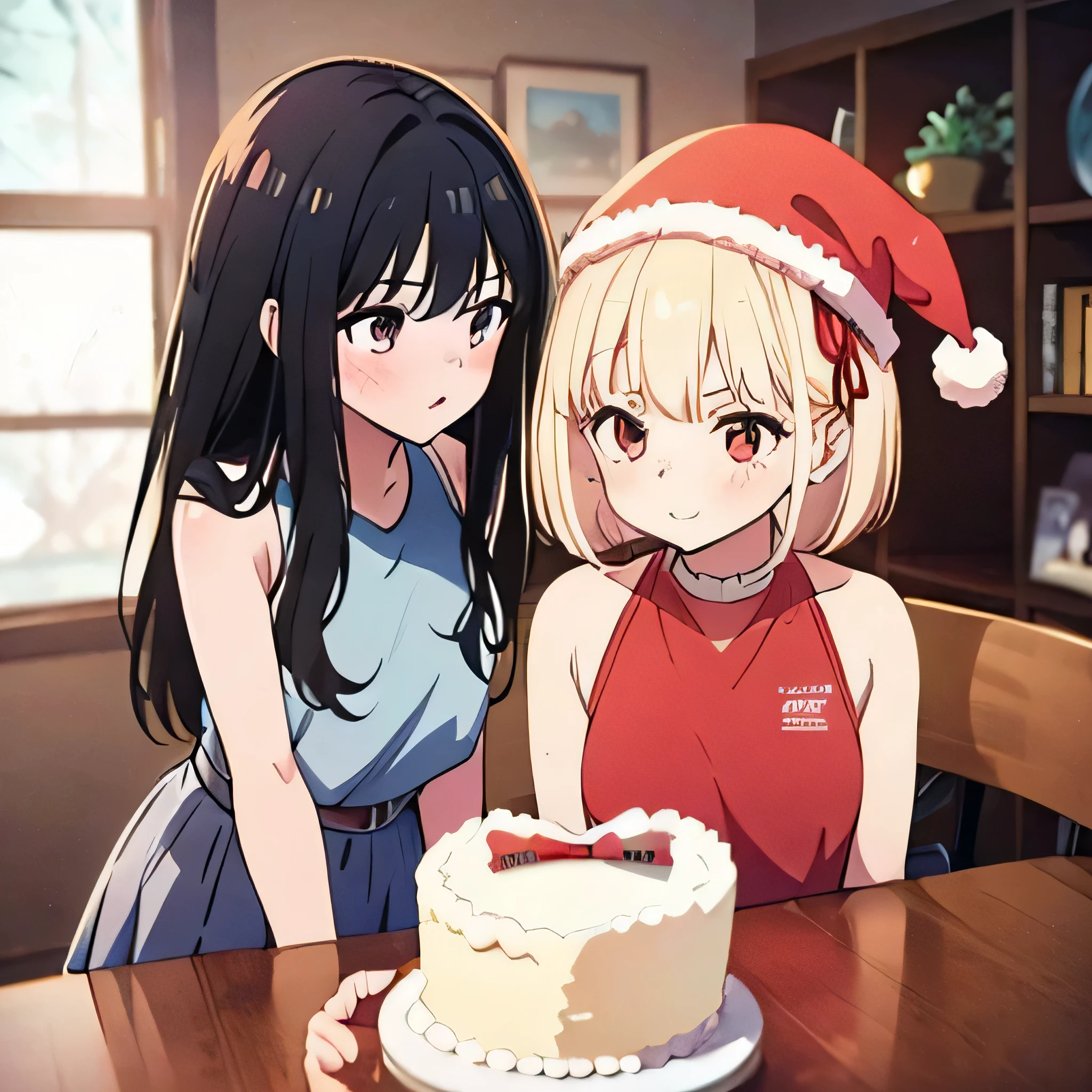 Same age,2 girls,a cake,red blush,Christmas Party,Santa Cos,Long Black Hair,Blonde Bob