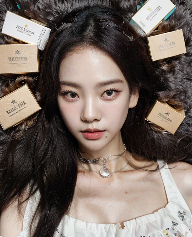 un primer plano de una mujer recostada sobre una alfombra de piel con cajas de perfume, maquillaje popular de Corea del Sur, maquillaje coreano popular, ulzzang, dilraba dilmurat, Wan adorable cara coreana, Xision Wu, Yanjun Chengt, Hermosa modelo china, Jinyoung Shin, Hermosa joven coreana, Chica coreana, Hermosa mujer surcoreana