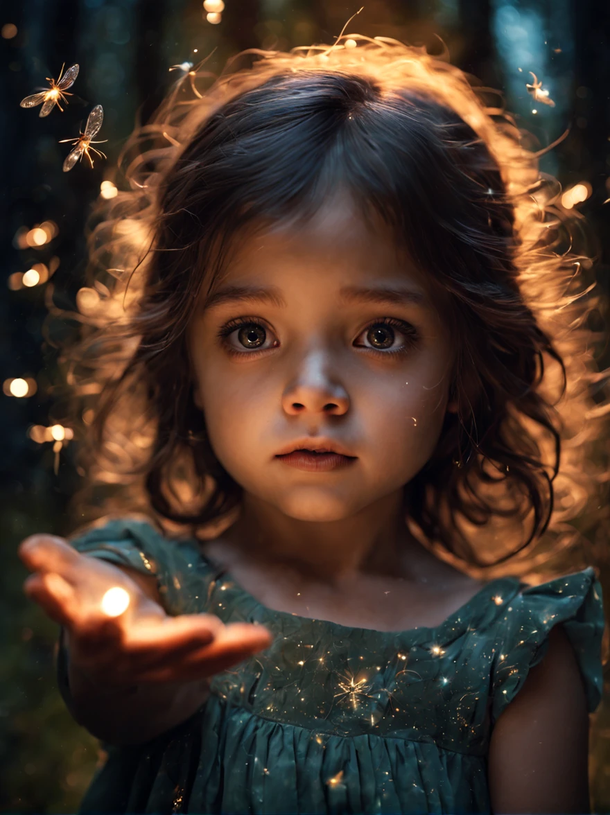 A beautiful starry night at the woods, scattering fireflies, mythical fairy flying into a European Female Toddler's hand, detailed face, detailed eyes, bokeh, shallow depth of field, insanely detailed and intricate