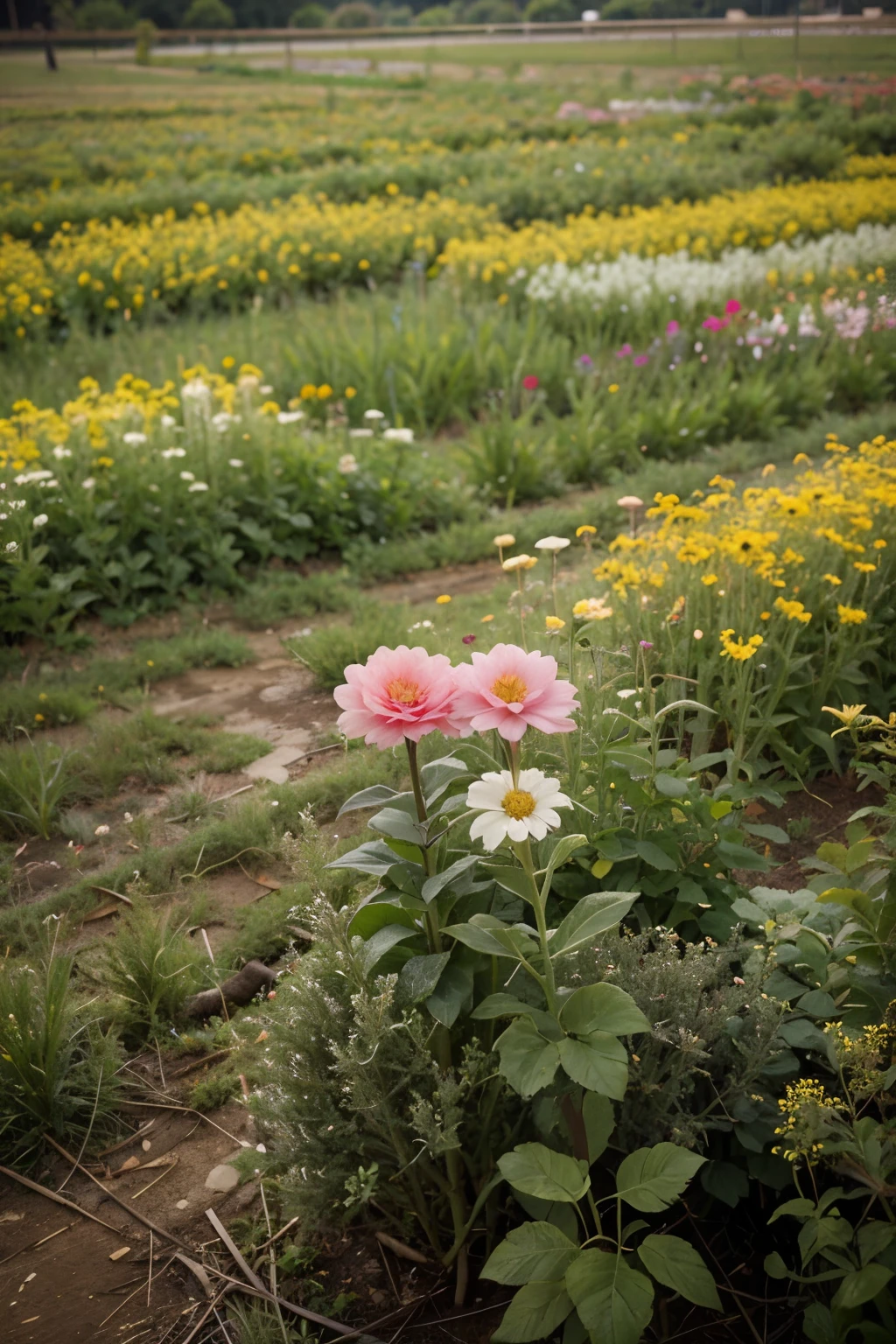 Two flowers in the middle of a flower field