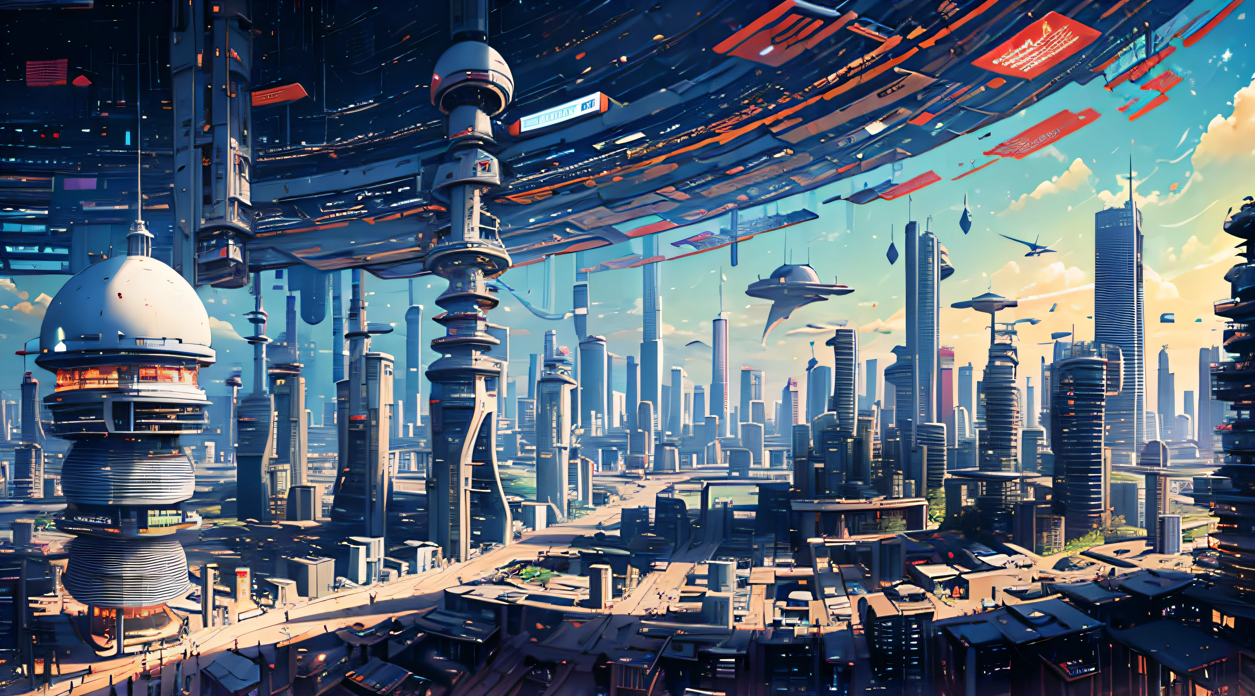 Panoramic landscape, Drone View, Elite Professional Architectural Rendering, Project Presentation, Trendy cyber skyscraper, 120-story superstructure, Cyber Design, Zaha Hadid Sittle , Located in the center of Tokyo, Tokyo Skytree Tower in the background, The weather is good, A clear day, skyporn, Clouds, spaceships, Fighters