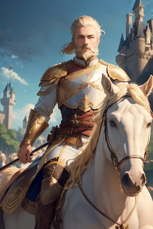 ((a masculine man with short blonde hair and a full blonde beard with mustache, in a white armor riding a horse)), blue eyes, hair with many details, 8k artgerm bokeh, fanart best artstation, render photorealistic, guweiz-style art, inspired by WLOP, ig model | artgerm, detailed waist up portrait, stunning wait up portrait of realistic face, beautiful waist up portrait, deviantart artstation cgscosiety, cinematic realistic portrait, high quality portrait, elegant digital painting, photorealistic artstyle, ((castle background))