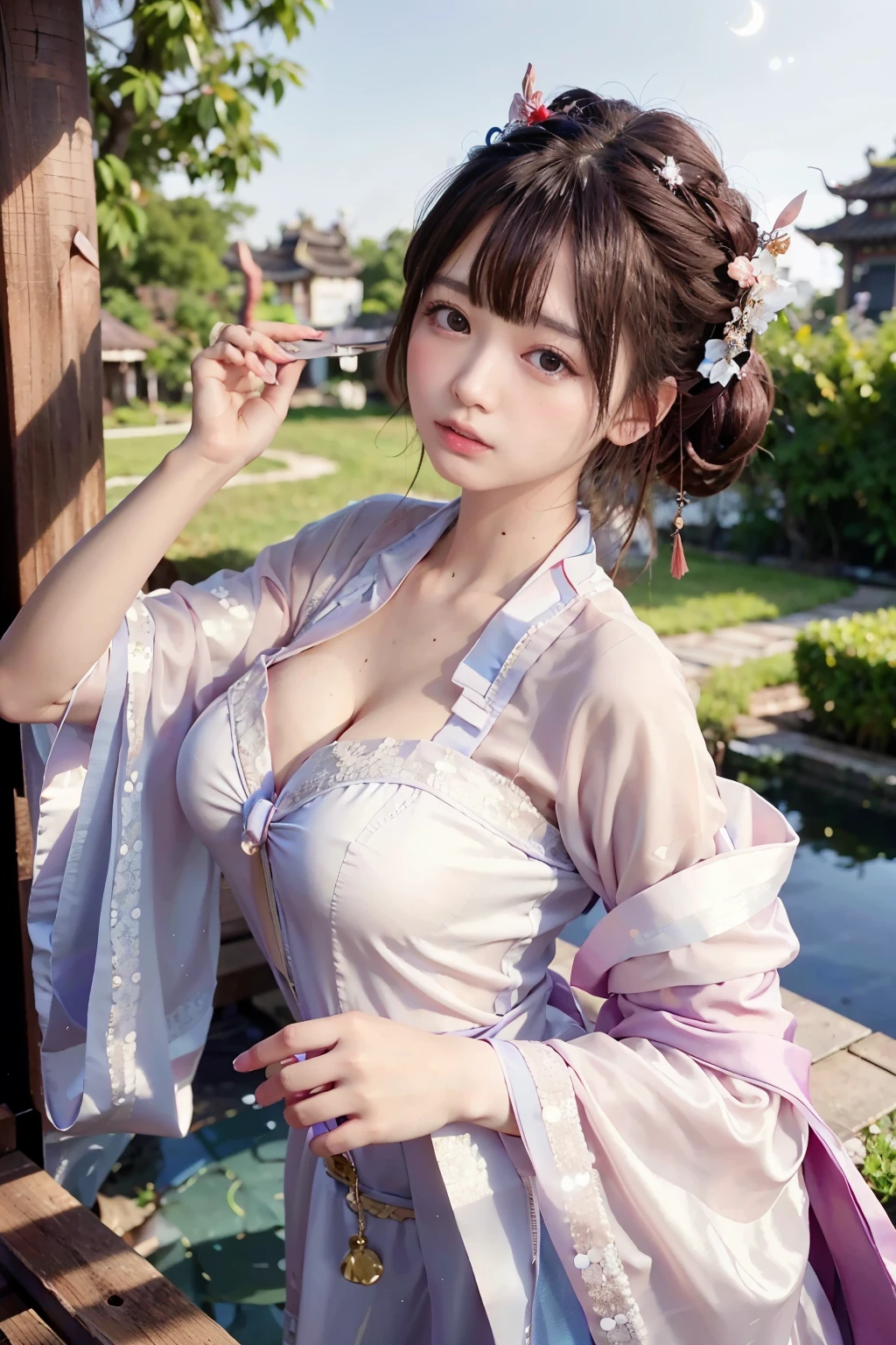 a princess 10 yeald old cute Hanfu  dynasty open V-chested clothes royal, Wet body of thin silk fabric, Thin silk lace dress, (huge boobs，cleavage),, white pink, blue ，best qualtiy，tmasterpiece，超高分辨率，（真实感：1.4），RAW photogr，（True skin texture：1.3），（filmgrain：1.3），（Selfie angle），1个Giant Breast Girl，Beautiful eye and face details，tmasterpiece，Best quality at best，，The chest  more exposed， detailed hair，above looking down facing at camera,short dressPrincess Eyes,Super big eyes,Detailed face,shiny pupils,  (a garden,moon palace,)