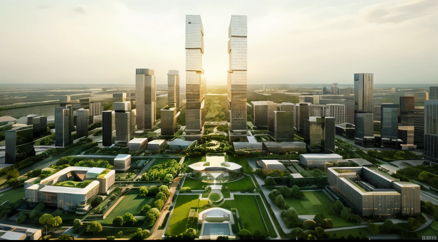 arafficial aerial view of a city with a park and a river, shenzhen, Drone overlooking the city, aerial view of a city, Chinese big breasts, beijing, High-rise building in the background, Skyscrapers and green plants,  in the background, tech  in the background, around the city,  in the background, panoramic view of a city，new year，New Year's Eve，city night scene，fire works，cyber punk perssonage，There is a future aircraft in the sky