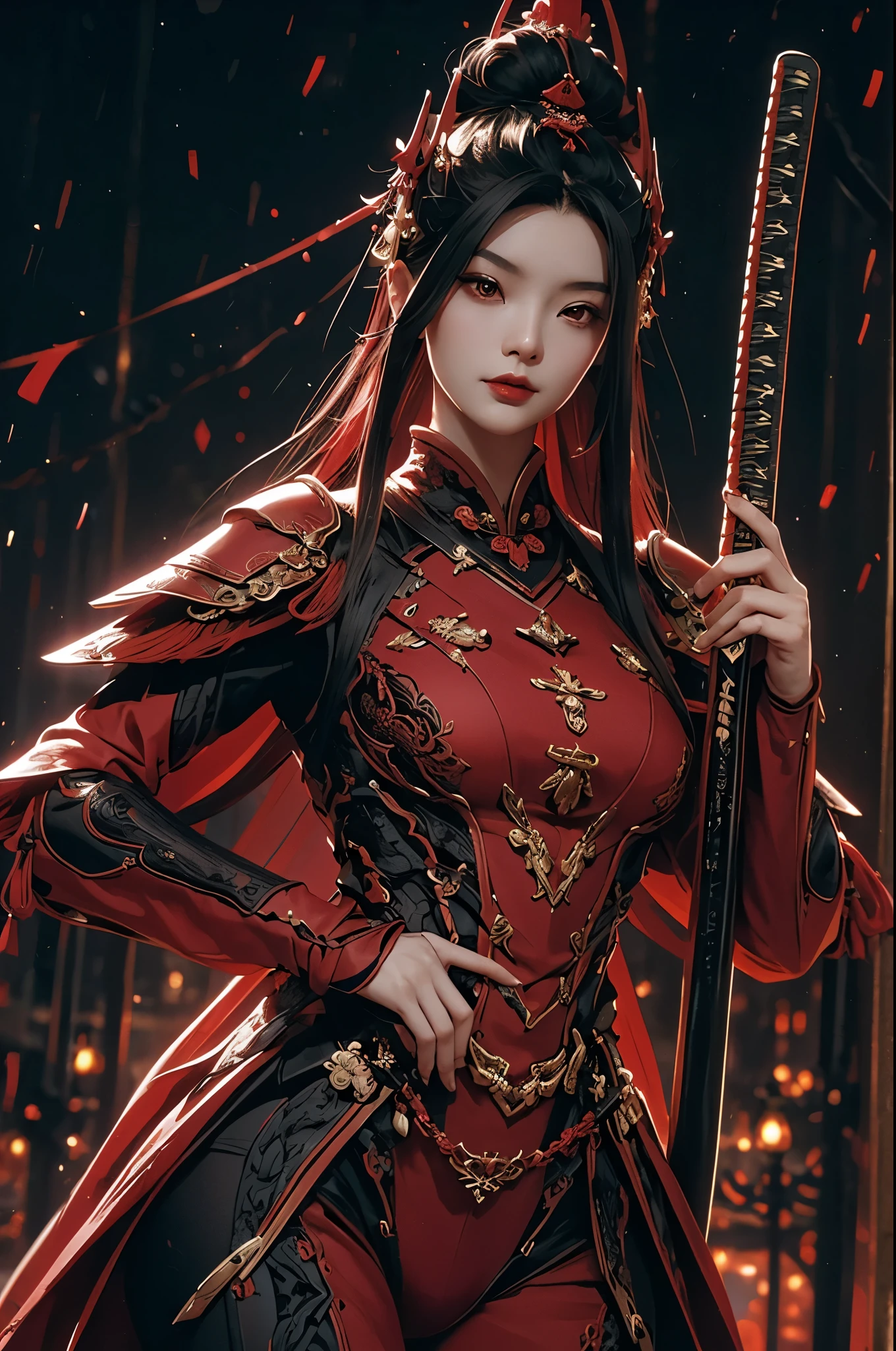 A beautiful black haired chinese girl "holding a katana", wearing ebonheart dark red battle armor. cinematic, dreamlike, perfect anatomy, good proportions, perfect body, elegant pose, intricate details, detailed face, detailed eyes, red lipstick, highlights in hair, highly detailed, elegant style pose, terada katsuya,
