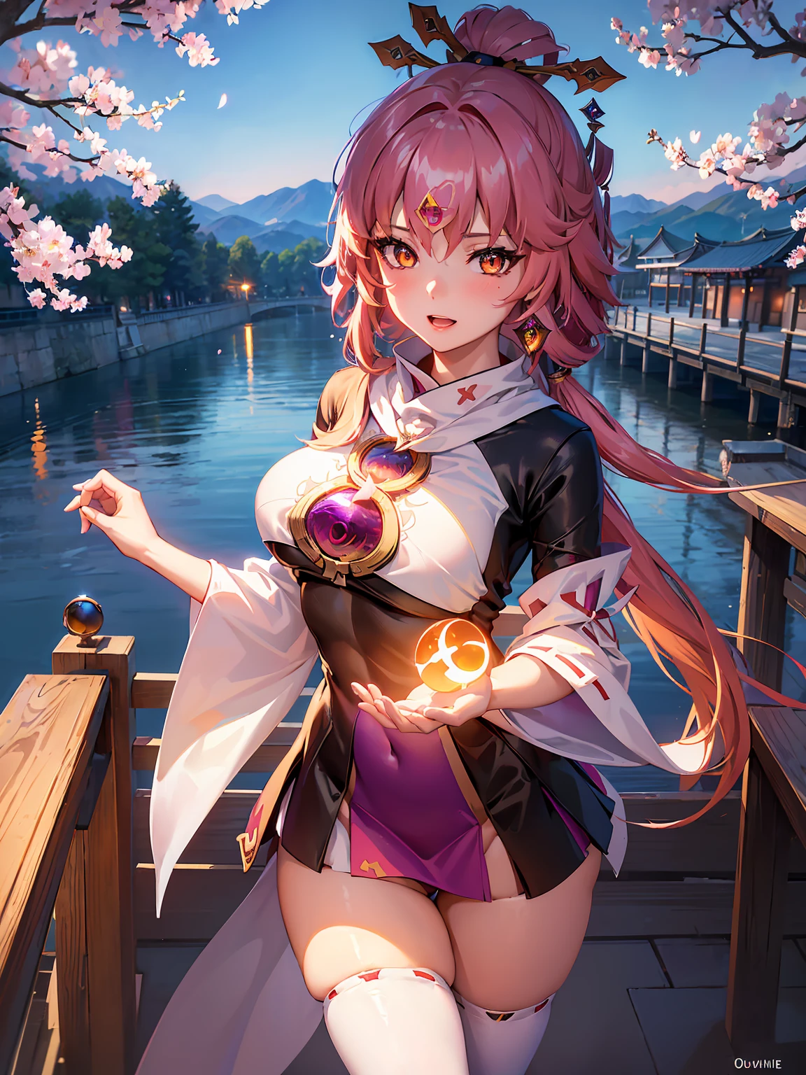 ((highly detailed)), honkai star rail, fu xuan, perfect human hands, (great breast:1.1),masterpiece, best quality, ultra-detailed, glistening shiny, glowing light, ray tracing, HDR, deph of field, (perfect face, detailed face, detailed eyes,perfect hands,perfect fingeredium boobs:1.2),8k,HD,ultra realistic face,ray tracing,perfect lighting,best quality, ultra-detailed, shiny eyes, (looking at viewer,open mouth smile:1.1), ((1girl:1.2)), (mature female:1.4),cowboy shot,thicc,(twintails),streaked_hair,((orange gradient hair)),multicolored eyes, gradient eyes, (glowing eyes:1.5), mascara, (fashion make up), parted lips,blush,school uniform, skirt, coat, beret, scarf, skirt lift by wind,panties,cameltoe,all fouriddle of japanese countryside,japanese bridge,over the bridge,river,cherry trees,cherry petals,dark blue sky)),((super detailed background)), dynamic poses, ((8k wallpaper)), (miko oufit:1.5)