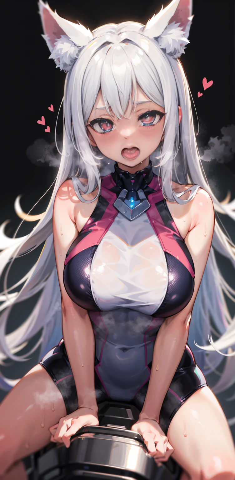 riding machine, 1girl, solo, breasts, sweat, tears,heart-shaped pupils, ahegao, steaming body, v-arms, ultra-detailed eyes, white hair, long hair, Fox ear,