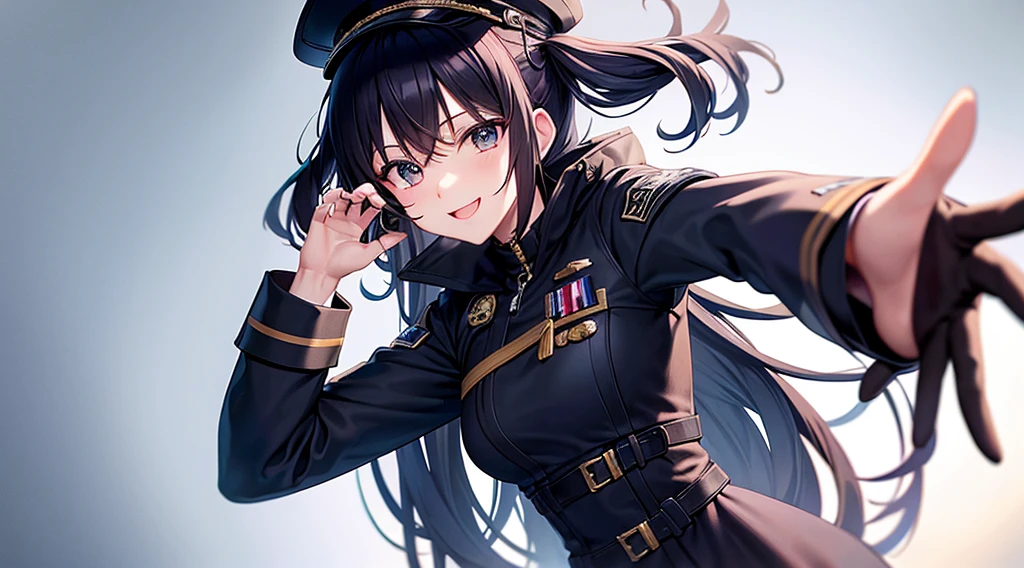 punk、PC Wallpapers、One Person、Dark military uniform with little exposure、Beautiful girl with a smile、kawaii pose