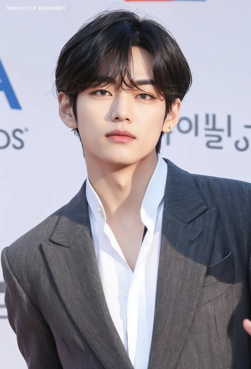 Un primer plano de una persona con traje y corbata, Kim Taehyung, Kim Doyoung, taken in the early 2020s, Jinyoung Shin, mirada inocente, Hyung Tae, ji-min, JIA, Prominent Jawline, Jung Jaehyun, extremadamente guapo, Taejune Kim, muy guapo, solid background, jungkook, Sha Xi, Jimin, diez Lee