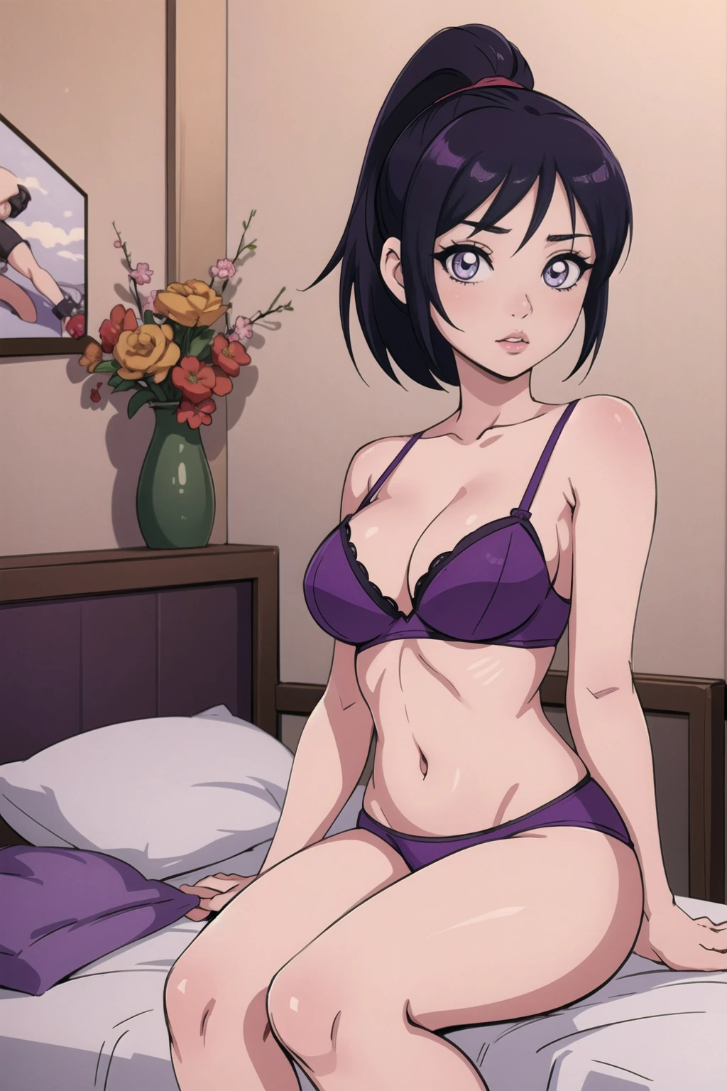 Hinata_hyuga, 1girl,  short hair, grey eyes
 big boobs, wearing purple bra panties, looking hot sexy, sitting on the bed, looking at viewer, highly detailed on eyes nose lips face, and beauty, looking at viewer, ponytail hair, beautiful eyes highly detailed on eyes, perfect eyes, and lips, ((high quality))