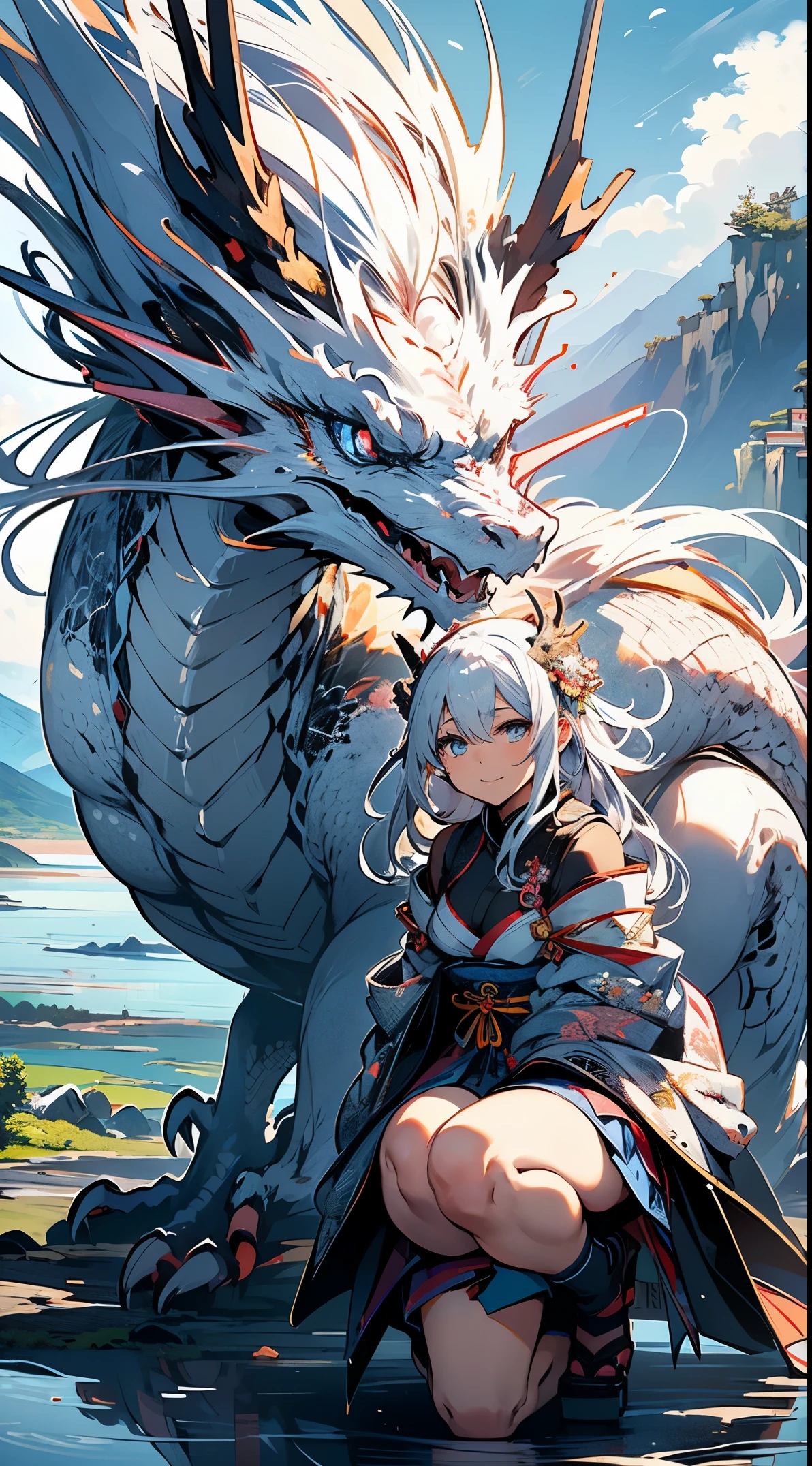 top-quality,Top image quality,in 8K,4K,masterpiece,ultra-detailliert,Beautiful、ultra-quality, best quality,high resolution, ultra-detailed,game cg,dutch angle,(beautiful detailed eyes),five fingers, perfect hands,a beauty girl,独奏,upper body,((front view:1.5)),silber hair,Long,January,coastline,Mt fuji,,sitting,(Black furisode),((White dragon pattern)),a miniskirt,dragon horn on head,medium breasts,cleavage of the breast,thighs thighs thighs thighs,seductive smile,dynamic pose,