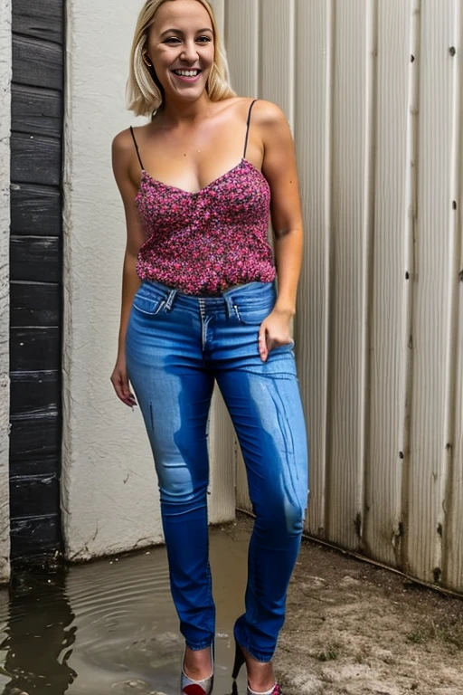 tall thin attractive blonde woman with long legs, blue eyes, messy bob hair, wavy shoulder length hair, tight blouse and skinny jeans, high heel pumps, show heels, inviting smile, (peeing self), ((shins wet with pee)), ((jeans gleaming wet with pee)), standing in puddle of pee, ((pee stream from crotch of jeans))