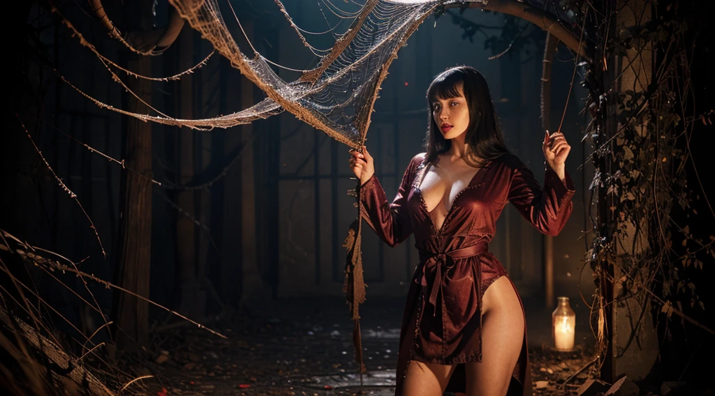 Betty Page as a sorceress wearing a robe of spider webs, casting a spell that is creating a whirlwind of spider webs, biomechanical spiders with red glowing eyes are coming out of it
