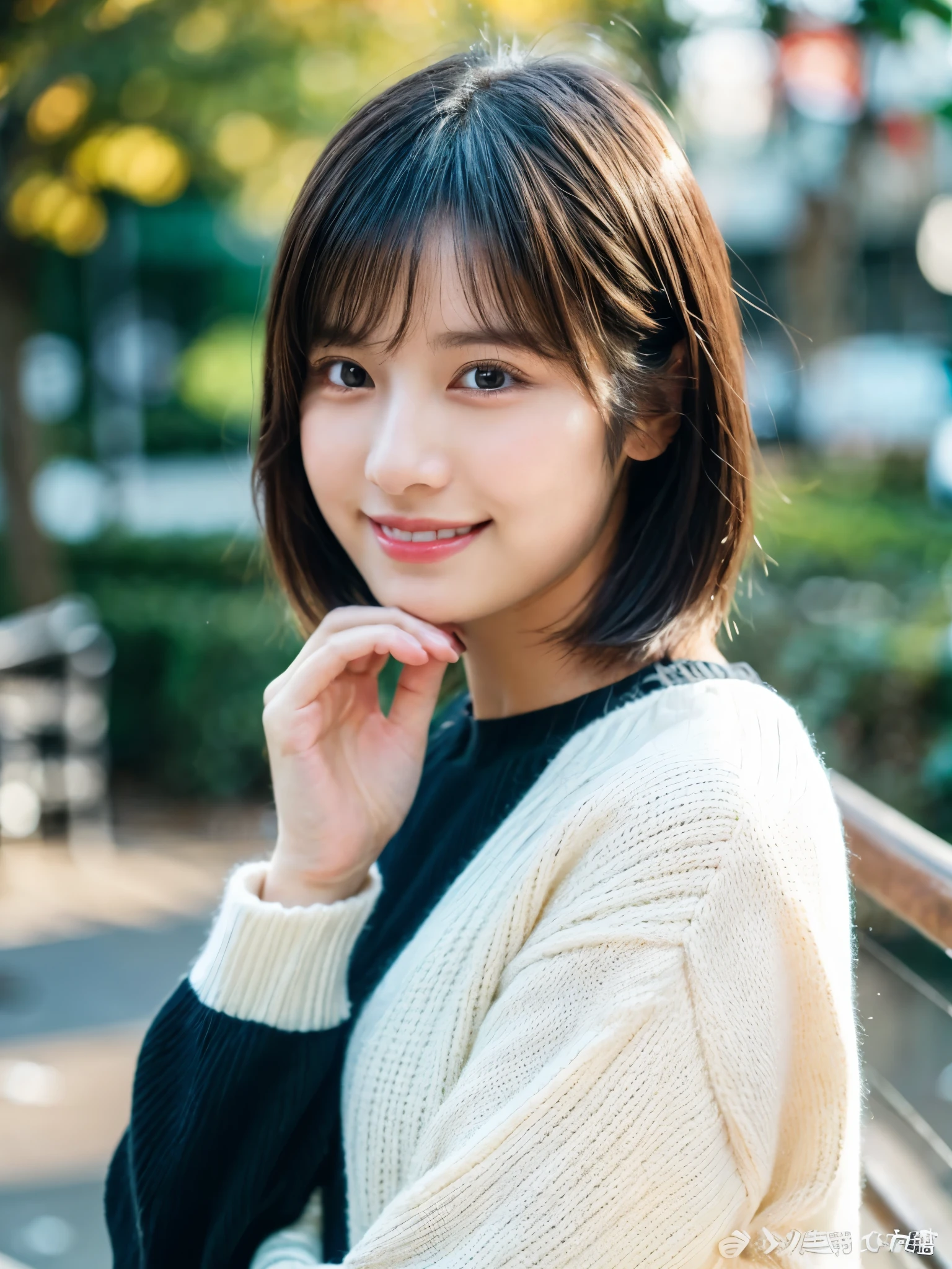 (8k, RAW photo, best quality, masterpiece, ultra detailed:1.2),(realistic, photo-realistic:1.4), upper body shot, (extremely cute Japanese actress:1.2), 25 years old, (detailed skin, detailed face: 1.2), detailed hands, sharp focus, SIGMA 85mm f/1.4., depth of field, blur background, bokeh, soft light, pale skin, brown eyes, naughty smile, looking at viewer, short straight black hair, white sweater, random pose, cafe, winter