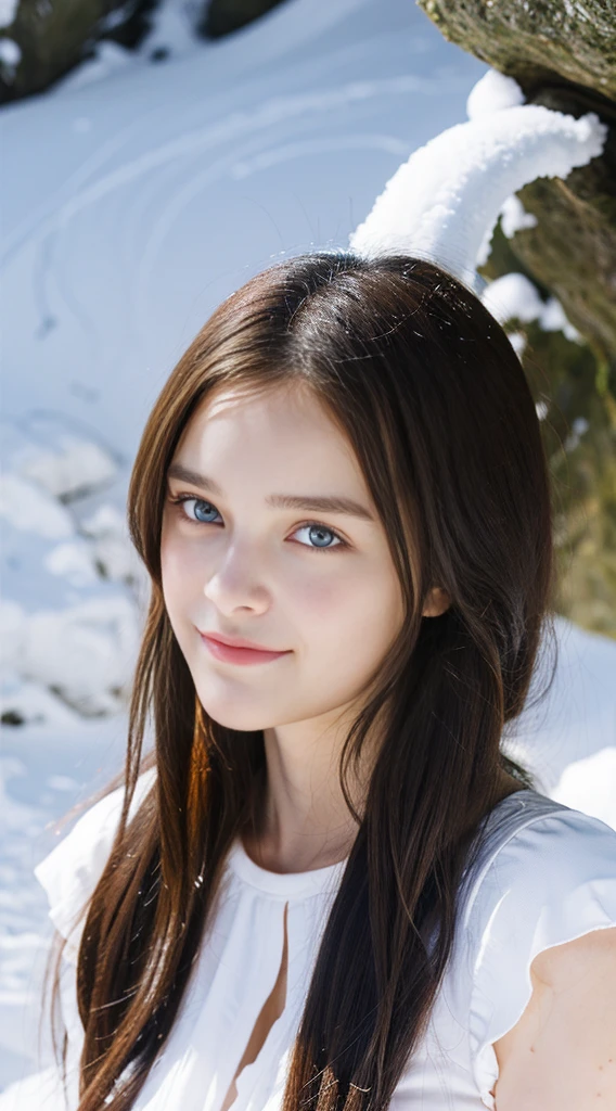 Pretty woman, similar to Zoey Deutch,cute,huge natural breasts, red hair curly/flowing, detailed dark BLUE eyes and face, not to skinny, naughty smile, make it ultra-realistic, western european girl, in the snow in the mountains, clothing colour needs to be anything but green, extremely detailed blue eyes, extremely long wavy red hair, extremely long hair with 2 ponytails, extremely detailed blue eyes, wearing a wrath, detailed photo - 8K, Extremely high quality