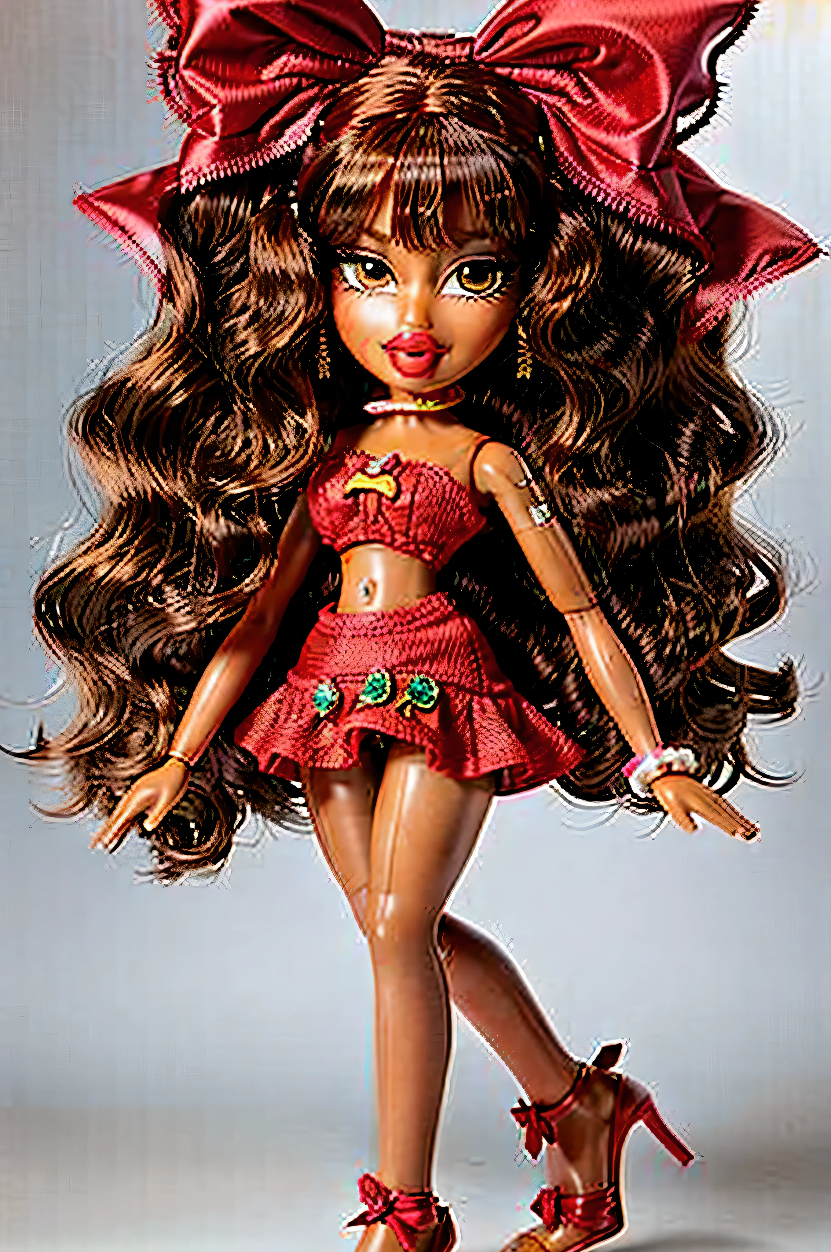 Bratz girl with detailed eyes and big lips and grey curly rococo hair, wearing versace colorful flowers dress, full body , plastic skin , doll joints , ,(masterpiece, top quality, best quality, beautiful and aesthetic:1.2), doll, revealing clothes, big head, 1girl, solo, breasts, curvy, wide hips, narrow waist, joints, doll joints, cleavage, bursting breasts, huge breasts, lips, 1girl, Himemushi Momoyo, patterned clothing, black shirt, green ring, orange ribbon, orange bow, black skirt, midriff, full body, high heels, thighhighs, long legs,