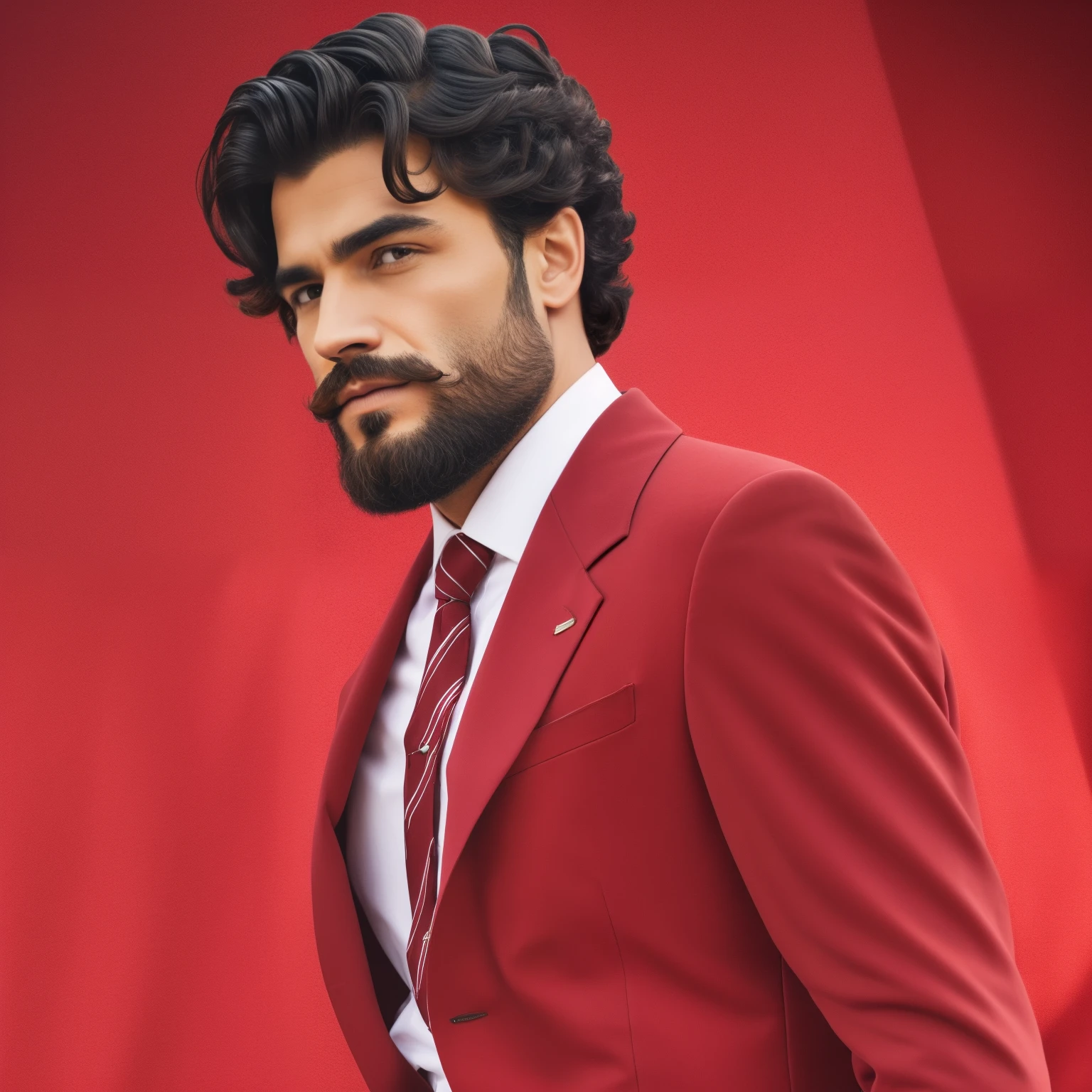 A man in a red suit with a beard and mustache and black hair --auto --s2