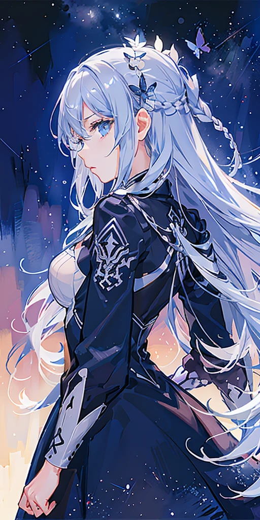 Top Quality, masterpiece, high resolucion, Delicate and beautiful, dark vibes.1 person, girls, white hairs, Straight hair, organized hairstyle, Blue Eyes. Hair between eyes, bangss, Lateral face, Twilight, Expressionless face, Sleepy eyes. Sparkling skies, large full breasts, Glowing backgrounds, sao, upper half body, magic from your hands. black uniform, looking back, many butterflies, Distinct eyes, ~ During, From bottom to top. large eyes, Distinct eyes빛