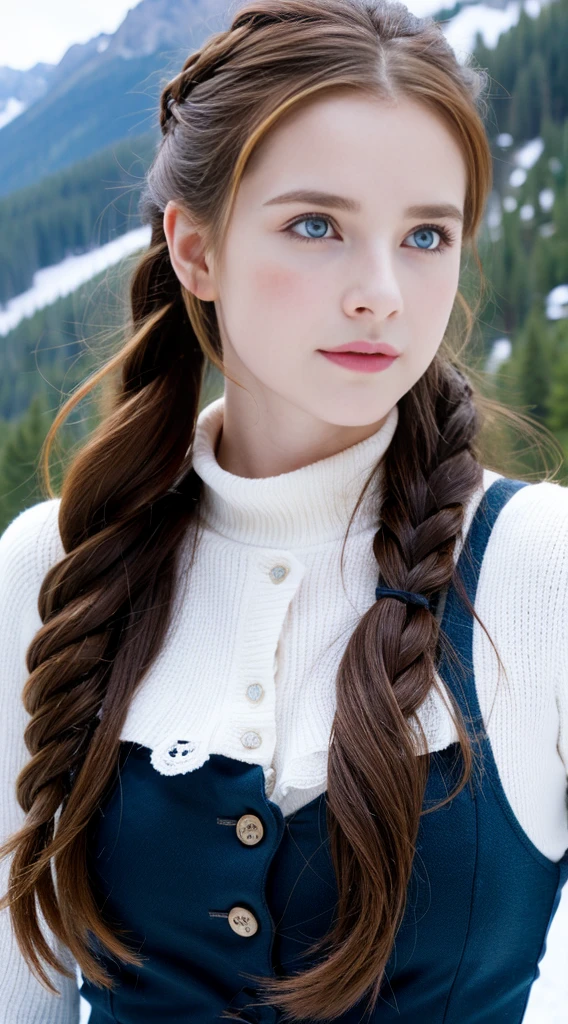 Pretty woman, similar to Zoey Deutch,cute,huge natural breasts, red hair curly/flowing, detailed dark BLUE eyes and face, not to skinny, naughty smile, make it ultra-realistic, western european girl, in the snow in the mountains, clothing colour needs to be anything but green, extremely detailed blue eyes, extremely long wavy red hair, extremely long hair with 2 ponytails, extremely detailed blue eyes, wearing a wrath, detailed photo - 8K, Extremely high quality
