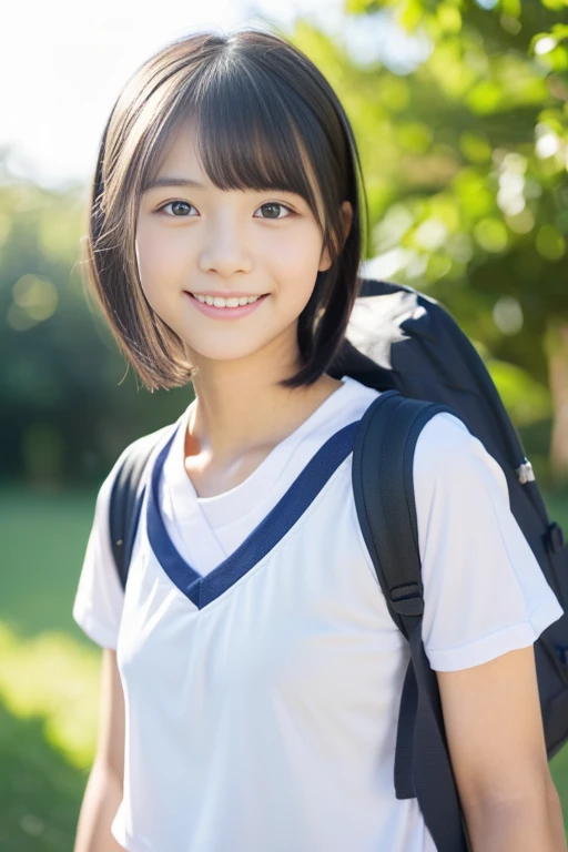 (((​masterpiece))),  (One beautiful Japan girl, classmates, landscape and innocence，kawaii) ，超A high resolution, Realistic, ultra-detailliert, 8K,top-quality, Extremely detailed, Detailed background,A slender,very beautiful japanese girl, Detailed face:1.3), (Boyish short-haired，A dark-haired :1.4), (a baby face，kawaii系,adorable 14 year old girl), (Perfect body:1.1),  (White gym clothes with short sleeves), The best smile,Please show me your beautiful teeth,Super Detailed Face、Detailed lips、A detailed eye、small gravure idol，Transparent skin、Lori，Carrying a backpack