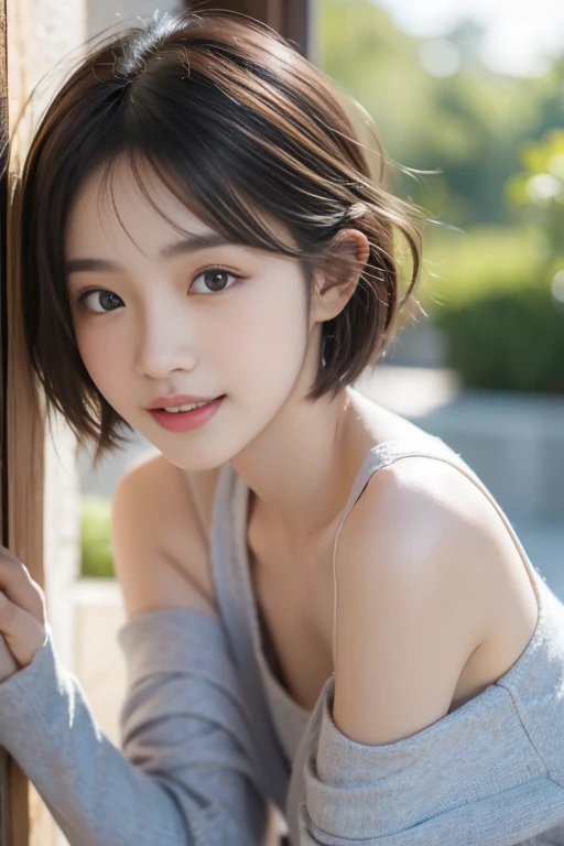 (((masterpiece))), (One beautiful Japan girl, Pure and innocent,kawaii) ,超A high resolution, Realistic, ultra-detailliert, 8K,top-quality, Extremely detailed, Detailed background,A slender,very beautiful japanese girl, Detailed face:1.3), (Boyish short-haired,A dark-haired :1.4), (a baby face,kawaii系,adorable 14 year old girls), (Perfect body:1.1), kawaii服, Show your beautiful teeth,Bursting smile, beautiful off shoulder clavicle、Scrunchie,Super Detailed Face、Detailed lips、A detailed eye、small gravure idol,Transparent skin,Lori,with a paintbrush,canvas,