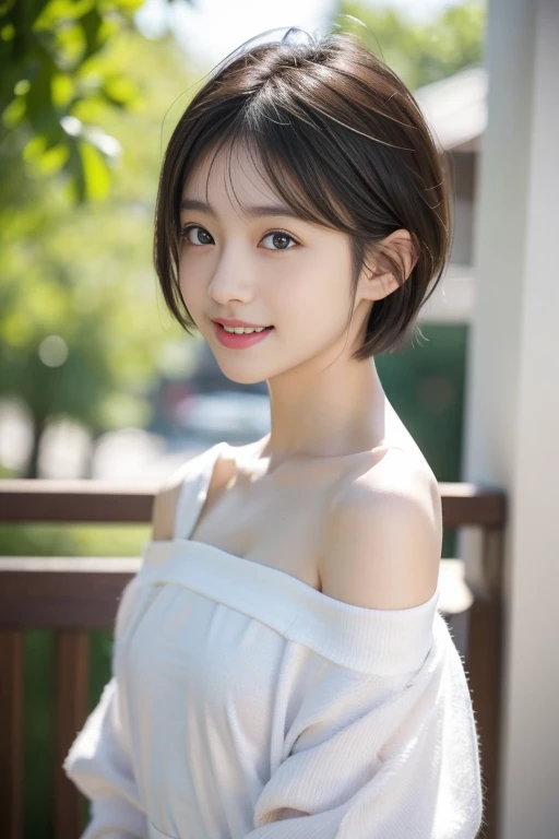 (((​masterpiece))),  (One beautiful Japan girl, Pure and innocent，kawaii) ，超A high resolution, Realistic, ultra-detailliert, 8K,top-quality, Extremely detailed, Detailed background,A slender,very beautiful japanese girl, Detailed face:1.3), (Boyish short-haired，A dark-haired :1.4), (a ，kawaii系,adorable 14 year o(Perfect body:1.1), kawaii服, Show your beautiful teeth，Bursting smile, beautiful off shoulder clavicle、Scrunchie,Super Detailed Face、Detailed lips、A detailed eye、small gravure idol，Transparent skin，Lori，with a paintbrush，canvas，