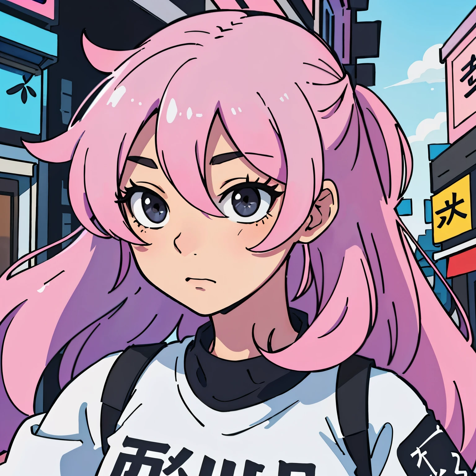 (best qualtiy:0.8),(best qualtiy:0.8),Perfect anime illustration,Extreme close-up portrait of a beautiful woman walking through the city,pink colored hair,black eyes