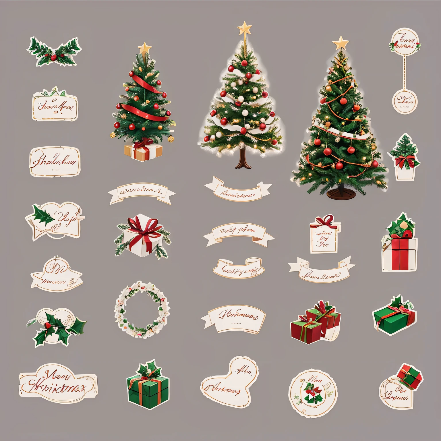 realistic Christmas стикер with a picture of a Christmas tree and gifts on a gray background, стикер, Рождественская тема